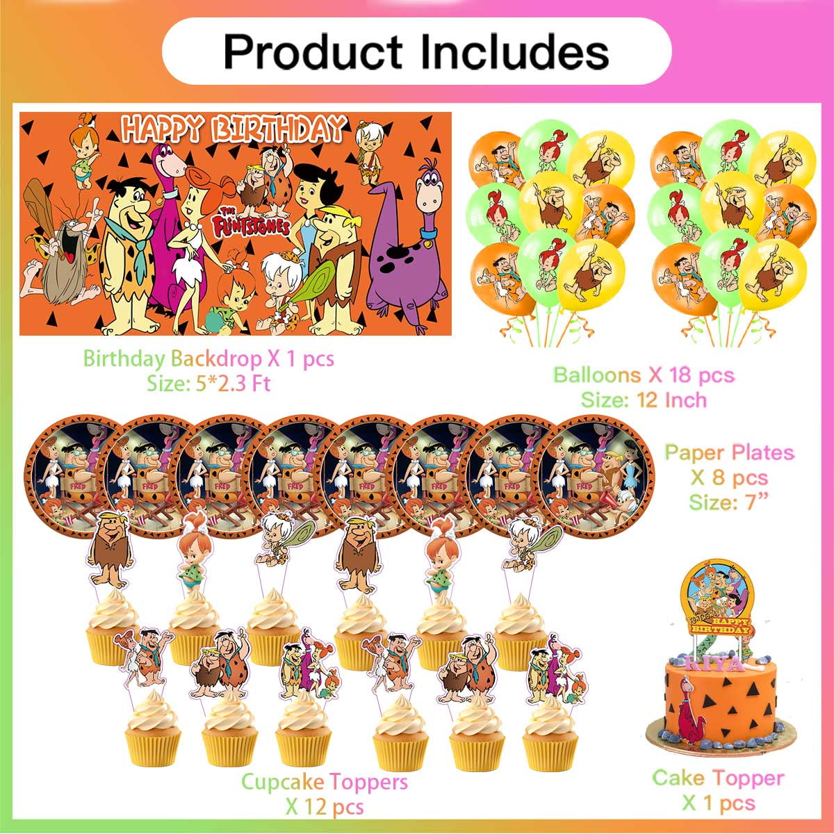 Flintstones Birthday Party Supplies Balloons Plates Decoration Cake Topper Decor Tableware Banner Backdrop