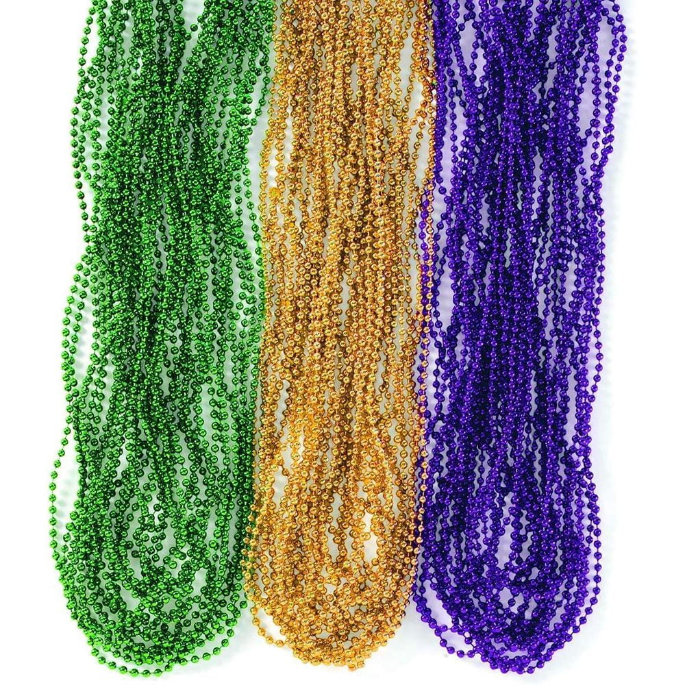 4E's Novelty 144 Mardi Gras Beads Necklaces, Purple Green Gold, 33 Inches Long
