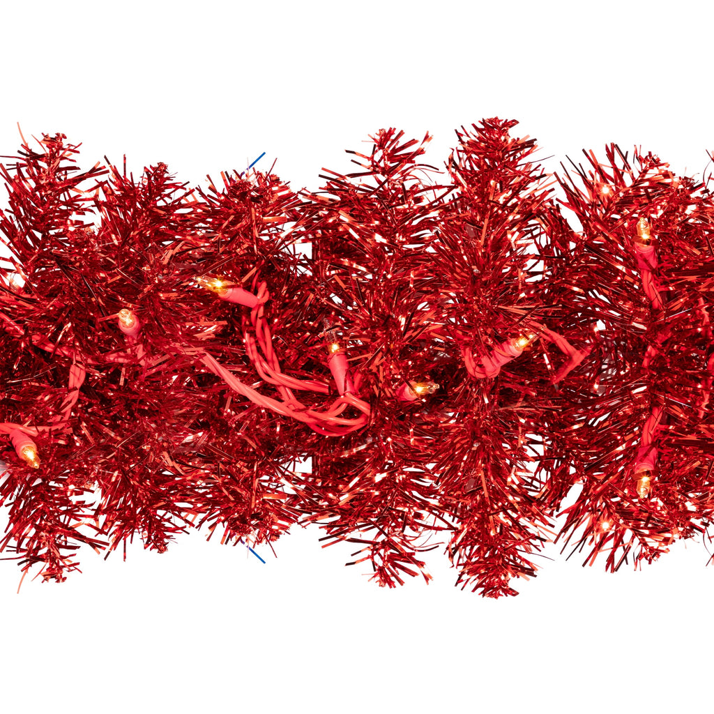 Northlight Pre-Lit Tinsel Artificial Christmas Garland - 9' x 8" - Red - Clear Lights