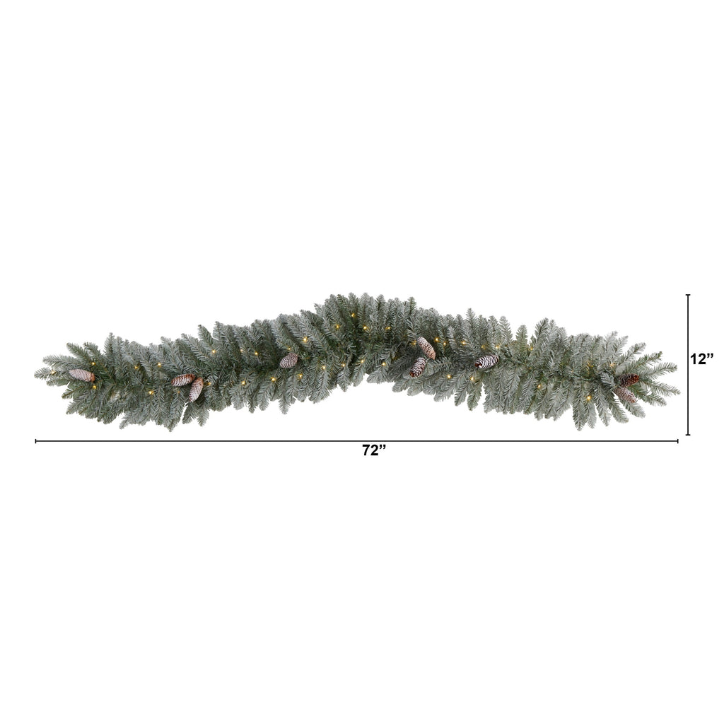 Nearly Natural Prelit Frosted Pine LED Battery Operated Garland, with Pinecones 72" (White)