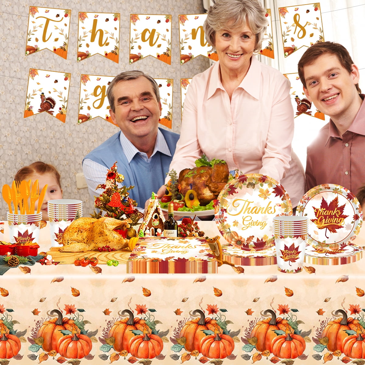 Fall Thanksgiving Paper Plates for Party Supplies Decoration Pumpkin Maple Leaf Napkins Tablecloth Banner Disposable Dinnerware for Autumn Harvest Table Decor Serve 24 Design3