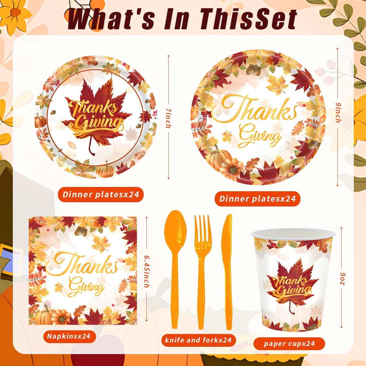 Fall Thanksgiving Paper Plates for Party Supplies Decoration Pumpkin Maple Leaf Napkins Tablecloth Banner Disposable Dinnerware for Autumn Harvest Table Decor Serve 24 Design3