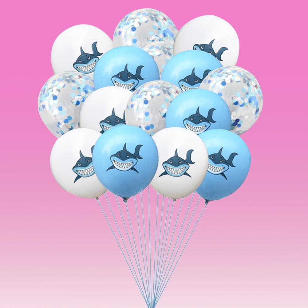 Yongwei party latex balloons 15pcs 12 Inch Shark Printed Balloons Sequins Balloons Party Supplies without Ribbon (5pcs White+5pcs Blue+5pcs Blue Confetti)