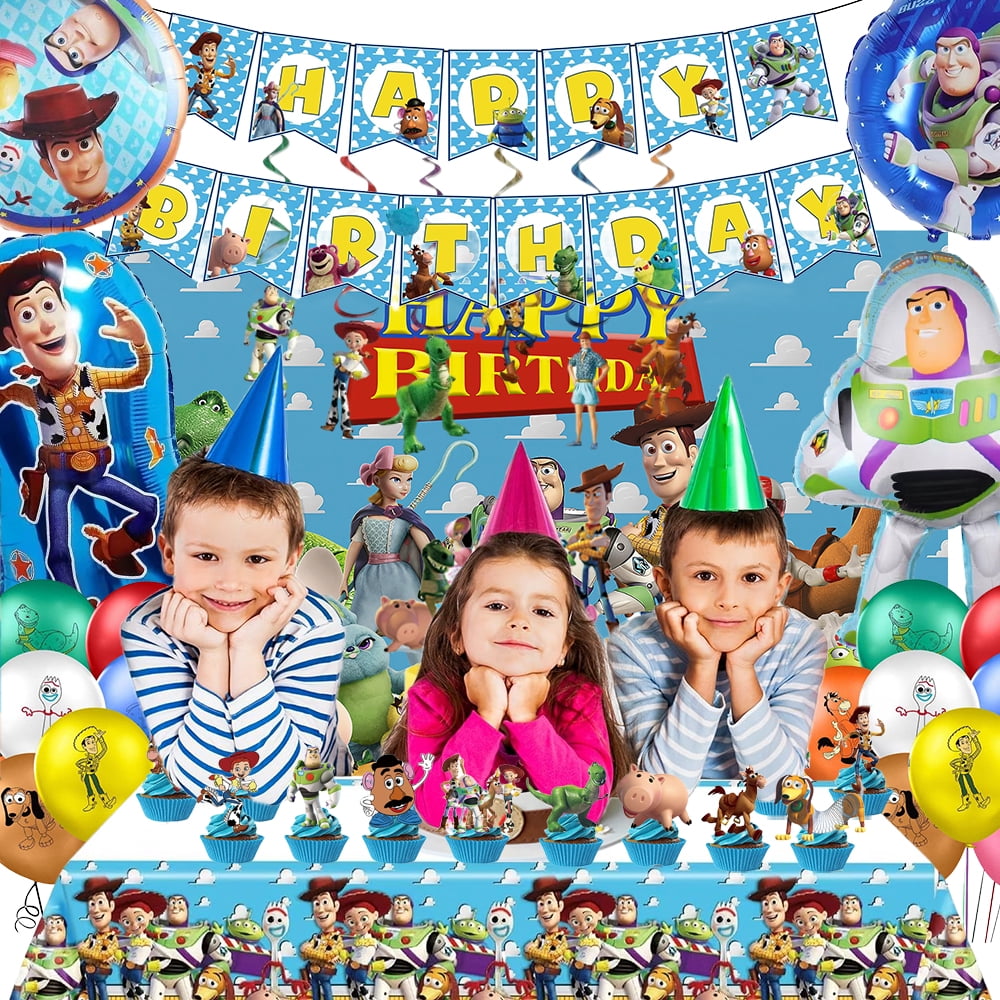 Toy Inspired Story Party Decorations, Toy Inspired Story Birthday Party Supplies, Include Happy Birthday Banner, Backdrop, Tablecloth, Balloons, Cake Toppers,  Hanging Swirls, for Kids Party