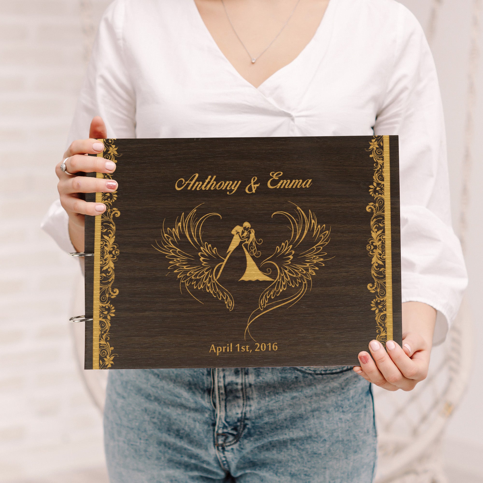 Darling Souvenir Personalized Engraved Laser Cut Wedding Guest Book Wooden Cover Sign-in Book Registry Guestbook Scrapbook-DY