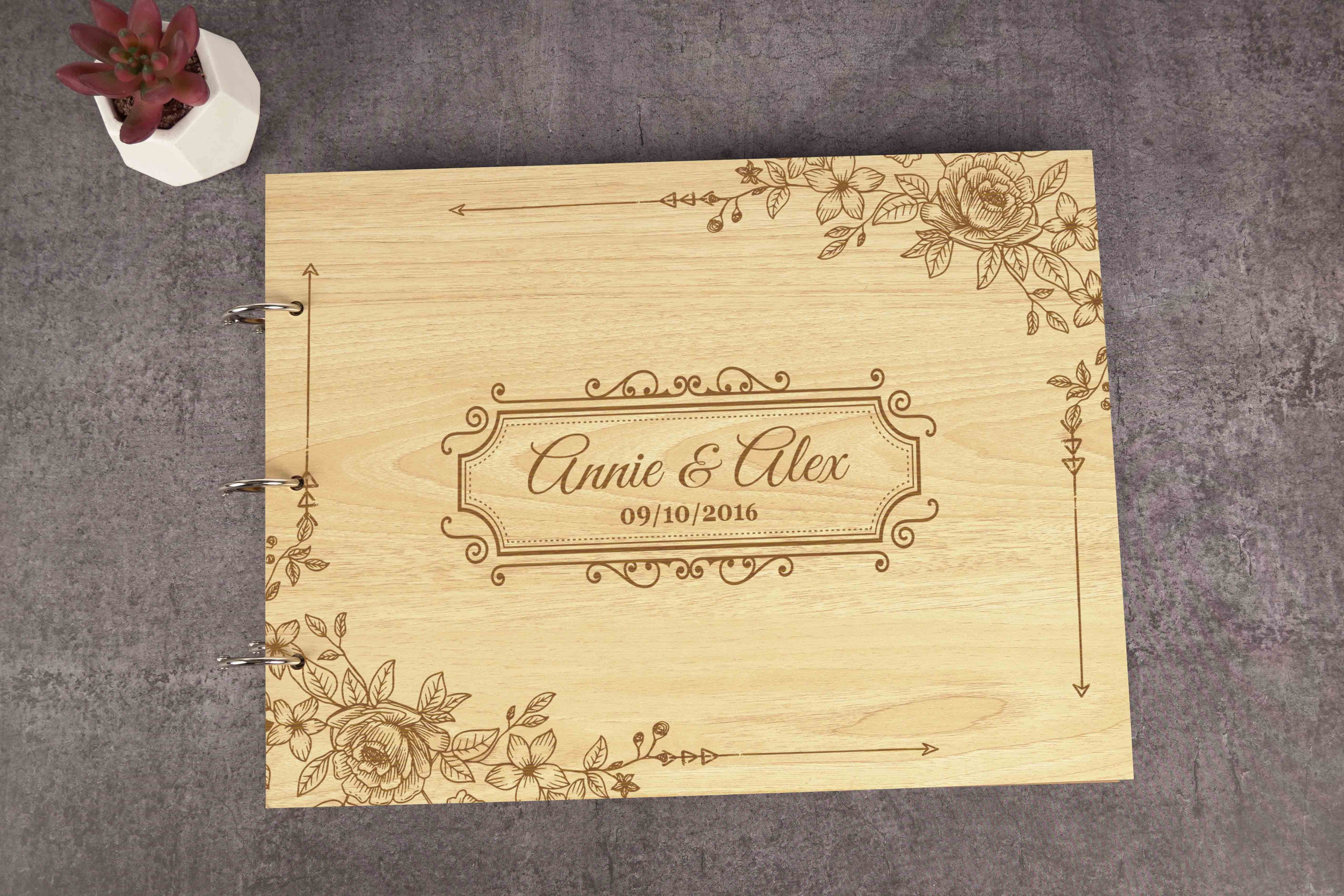 Darling Souvenir Personalized Engraved Laser Cut Wedding Guest Book Wooden Cover Sign-in Book Registry Guestbook Scrapbook-H2