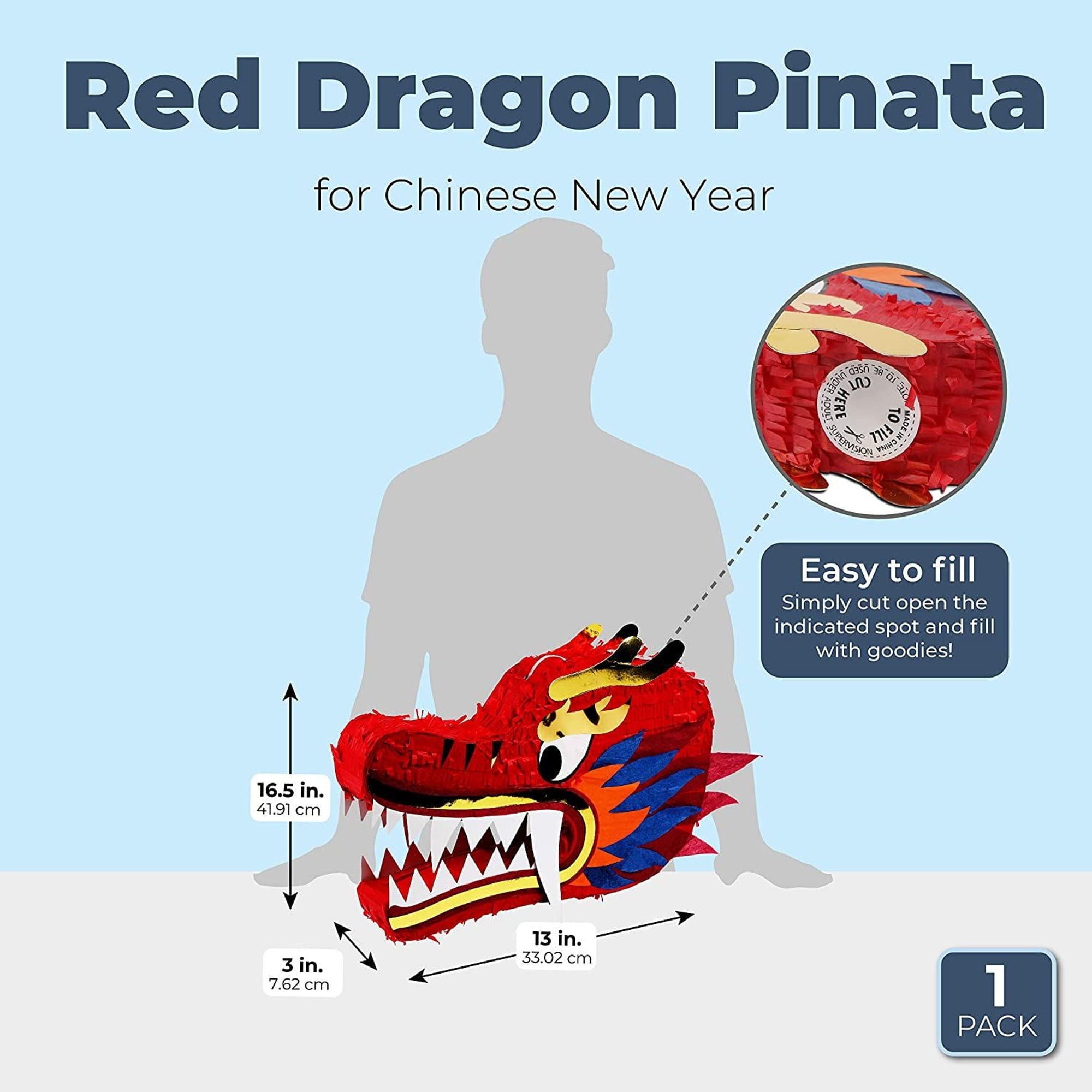 Dragon Pinata - Chinese Dragon Head, Dragon Birthday Party Supplies, 2025 Chinese New Year Decorations (16.5x11x3 In)