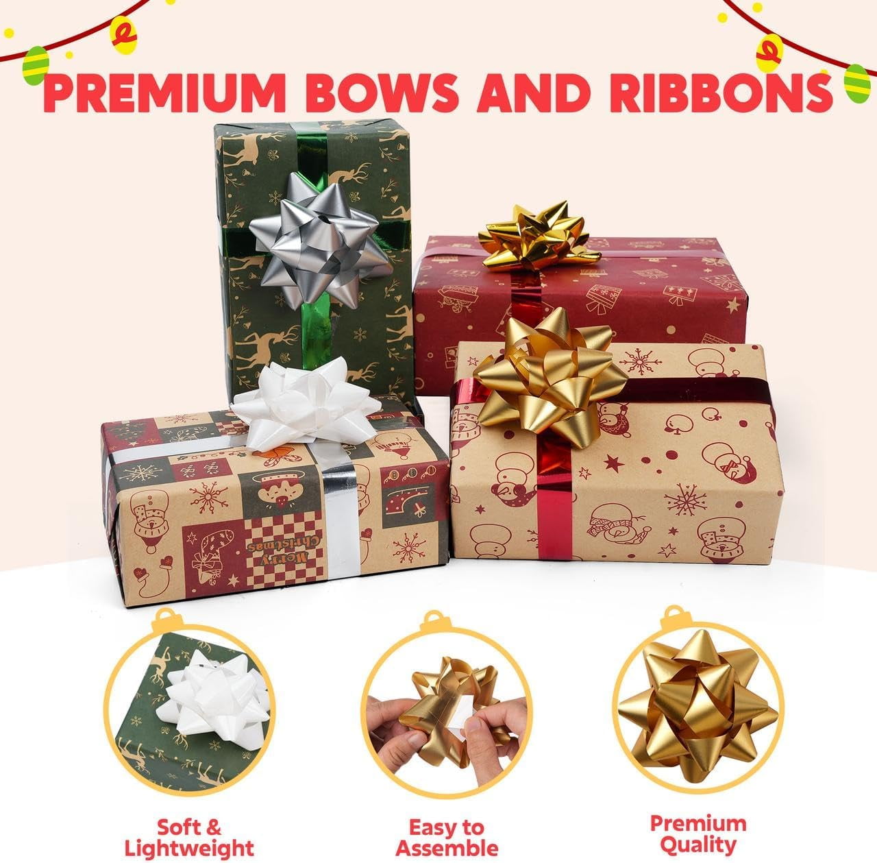 75PCS 4.5 inch Gift Bows for Presents Wrap and 2 Rolls of Curling Ribbons for Gift Wrapping, Gold Matte Gold Silver and White Self Adhesive Christmas Bows, Birthday Wedding Xmas Presents Decoration