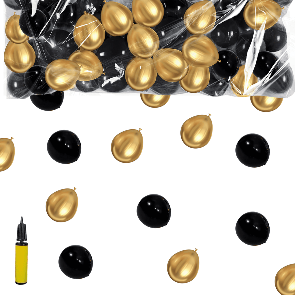 PMU New Year's Eve Party Balloon Drop Kit (100 - 5in or 50 - 9in Balloons with Hand Pump) Black and Gold Assortment 2025 New Year Celebration Accessories (41377-00103-905152-72580) Pkg/1