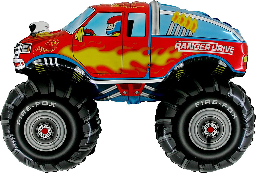 Monster Truck Rally 3rd Birthday Party Supplies 8 Guest Decoration Kit with Green and Red Monster Truck Balloon Bouquet