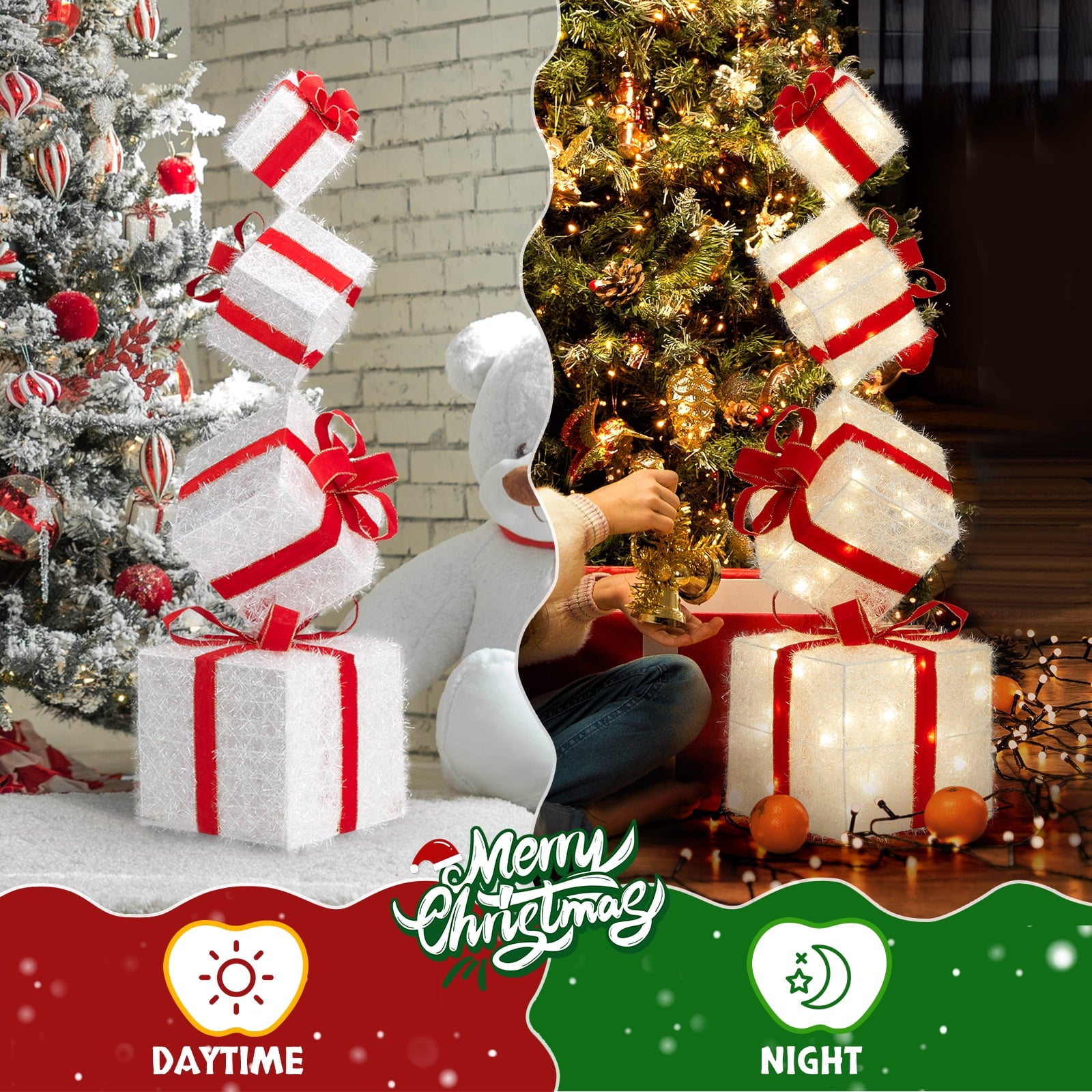 Zimtown 3.5FT Lighted Gift Boxes Christmas Decorations Gift Boxes Pop-Up Design