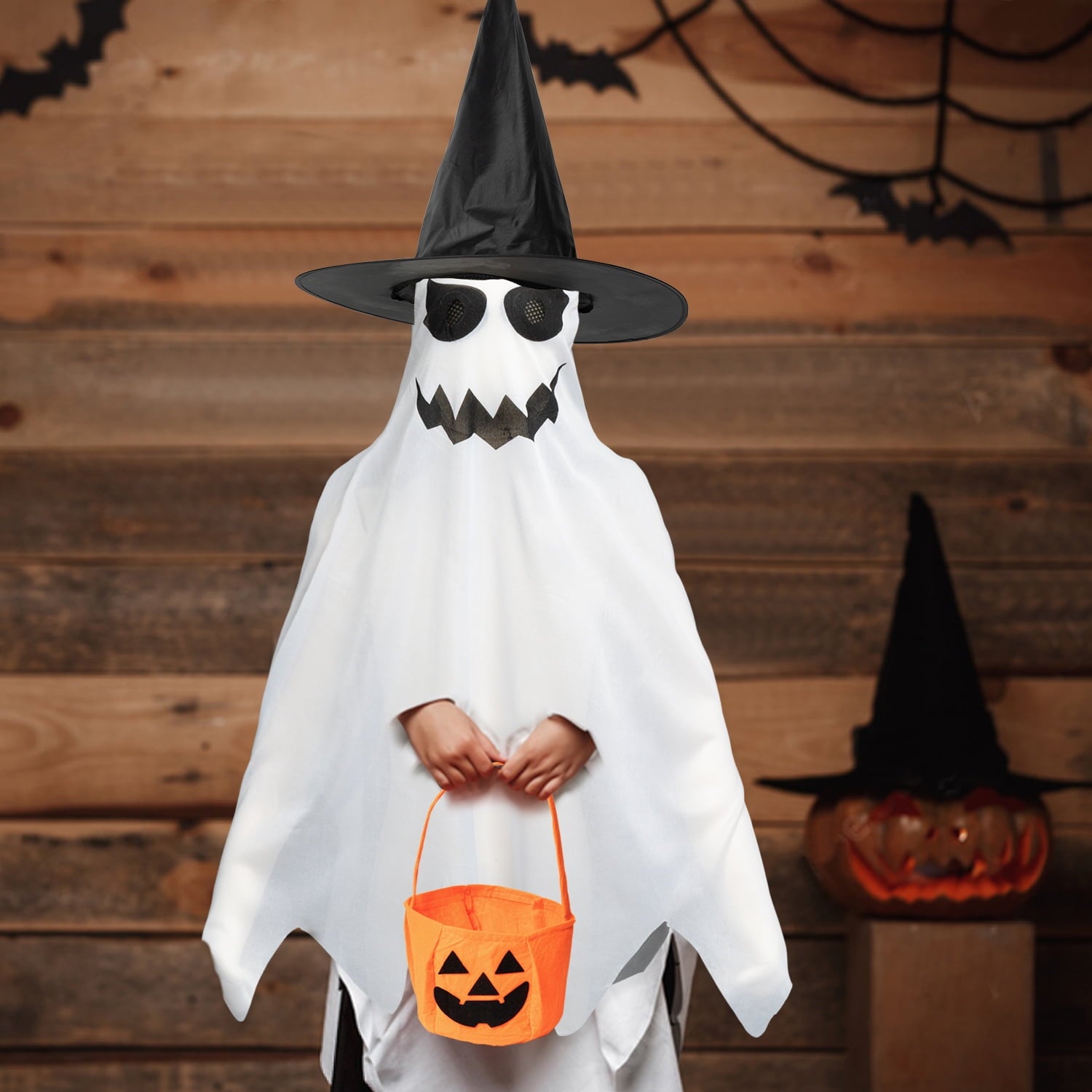 6 Piece Spooky Double Dress Up for Boys&Girls, Hat White Cloak Pumpkin Bag Set for Horror Themed Party Decor