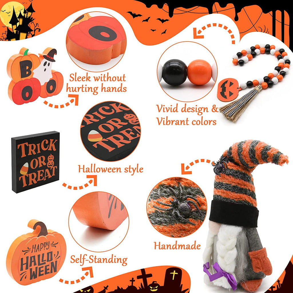 NXN-HOME Halloween Tiered Tray Decorations Including Trick or Treat Wooden Signs, Cute Gnomes Plush and Bead Garland