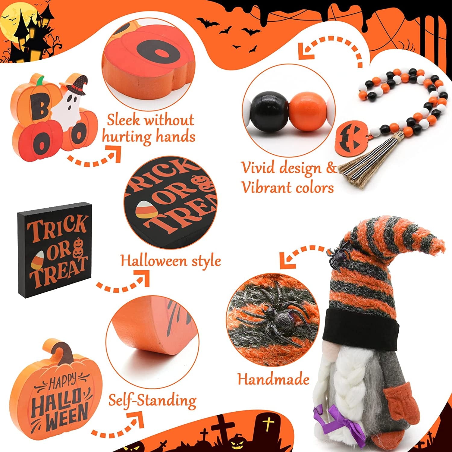 NXN-HOME Halloween Tiered Tray Decorations Including Trick or Treat Wooden Signs, Cute Gnomes Plush and Bead Garland