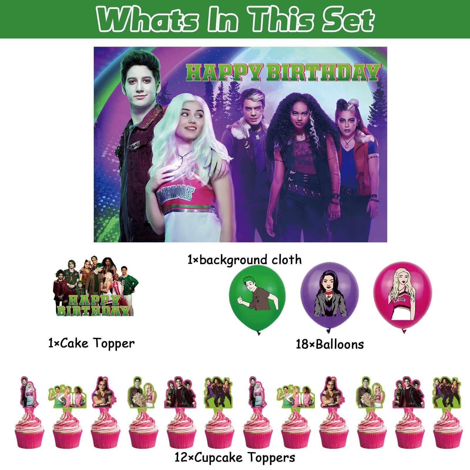 32 Pcs For Zombies Cartoon - Party Decoration Kit – Includes Backdrop, Cake Topper, 12 Cupcake Toppers, and 18 Balloons for Festive and Birthday Celebrations