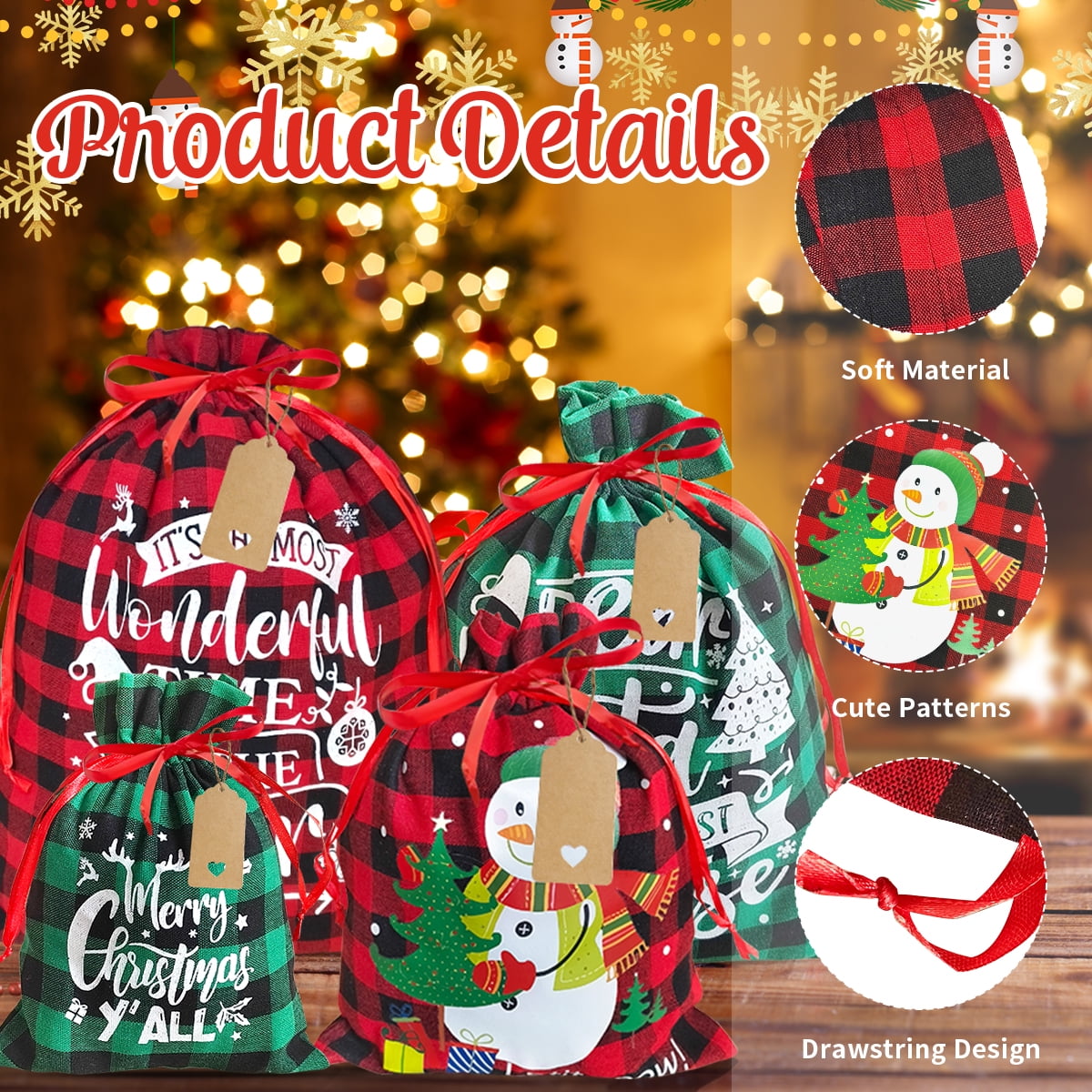 Christmas Bags Christmas Gift Bags Santa Sacks Large Buffalo Reusable Fabric Drawstring Gift Pouches for Xmas Party Favor Red Green 10Pcs