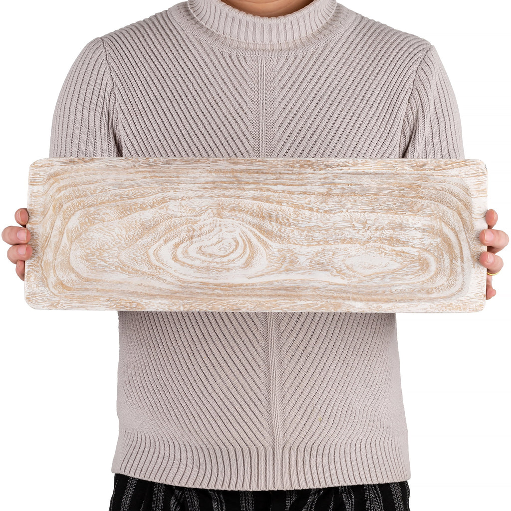 Hanobe Decorative Wood Dough Bowl Tray Wooden Centerpiece Table Tray Decorations Rustic for Home Decor, White