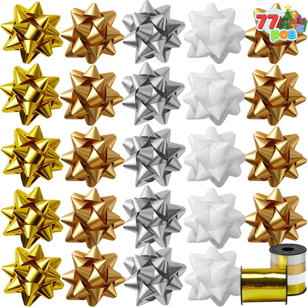 75PCS 4.5 inch Gift Bows for Presents Wrap and 2 Rolls of Curling Ribbons for Gift Wrapping, Gold Matte Gold Silver and White Self Adhesive Christmas Bows, Birthday Wedding Xmas Presents Decoration