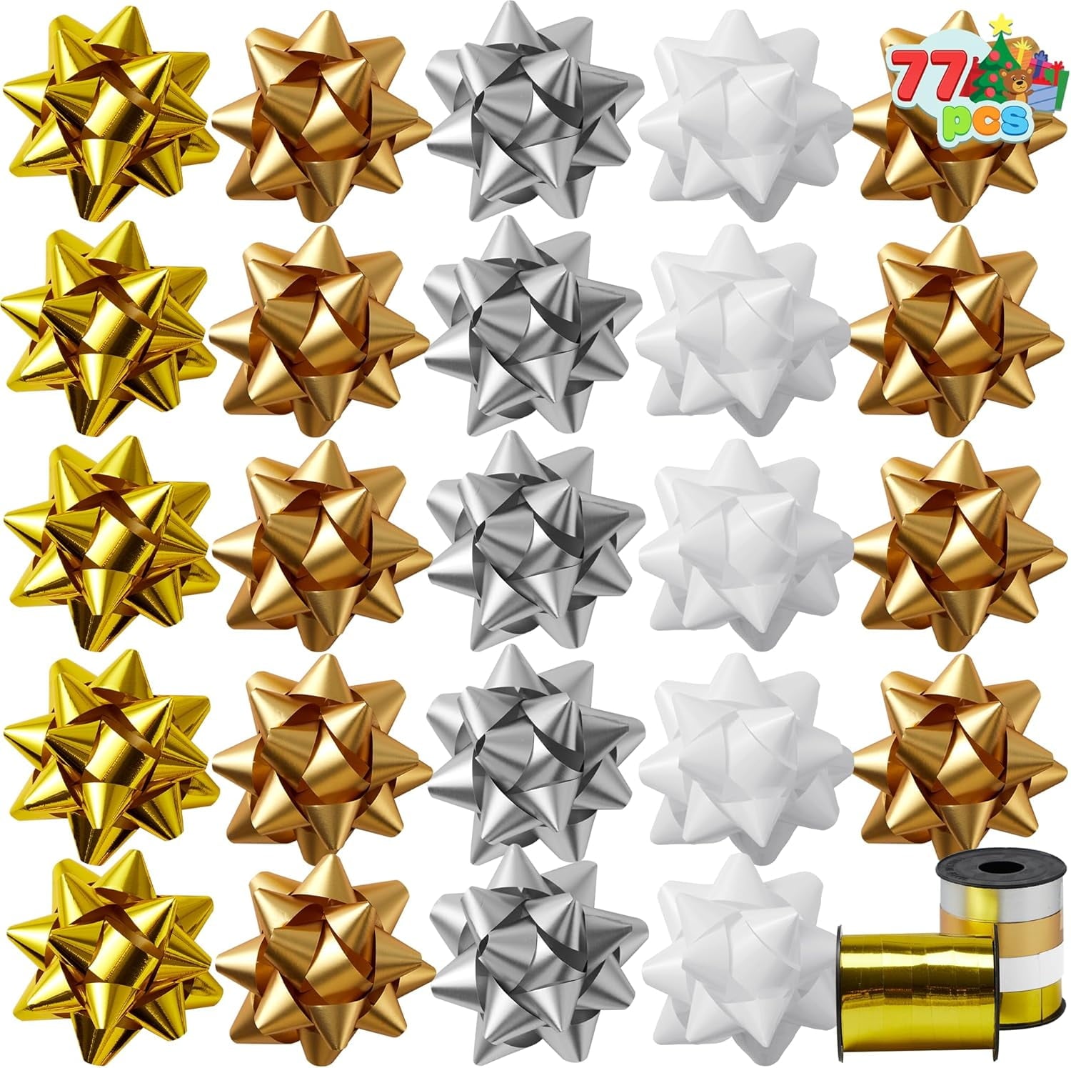 75PCS 4.5 inch Gift Bows for Presents Wrap and 2 Rolls of Curling Ribbons for Gift Wrapping, Gold Matte Gold Silver and White Self Adhesive Christmas Bows, Birthday Wedding Xmas Presents Decoration