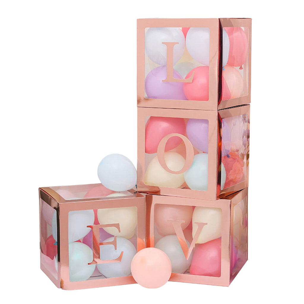 tasrioml 4 Pcs Balloon Box DIY Assembly Transparent Paper Box Balloon Box with Letters Reusable Stackable Cube Decorative Box for Party Wedding Birthday