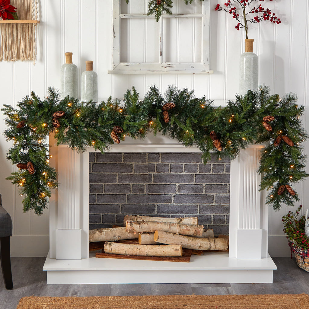 Nearly Natural Mixed Extra Wide Pine White Prelit LED Battery Operated Garland, with 286 Bendable Branches 108" (Green)