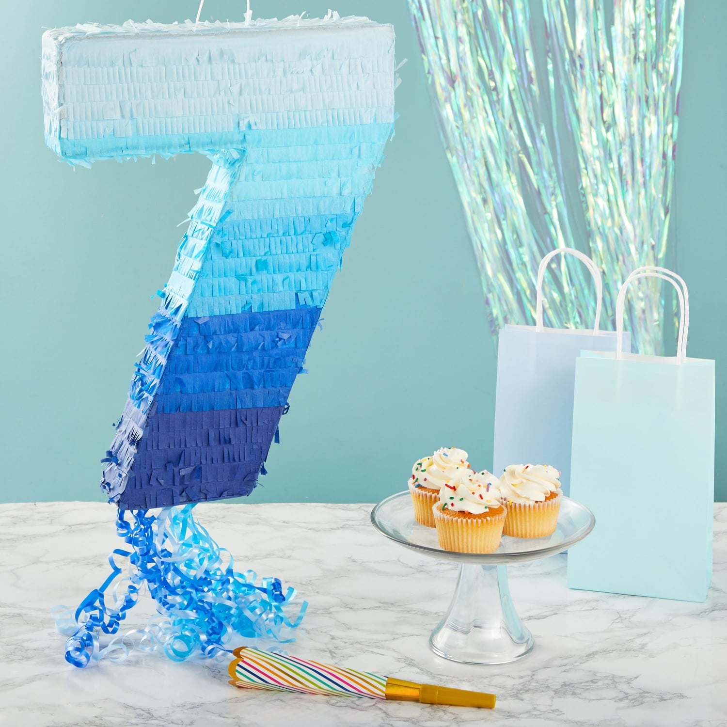 BLUE PANDA Ombre Blue Number 7 Pull String Pinata, Party Game for Kids Ages 3-14, Fillable Hanging Decoration for Birthday Decorations, Holds Candy, Toys & Confetti (16.5 x 11.35 In)