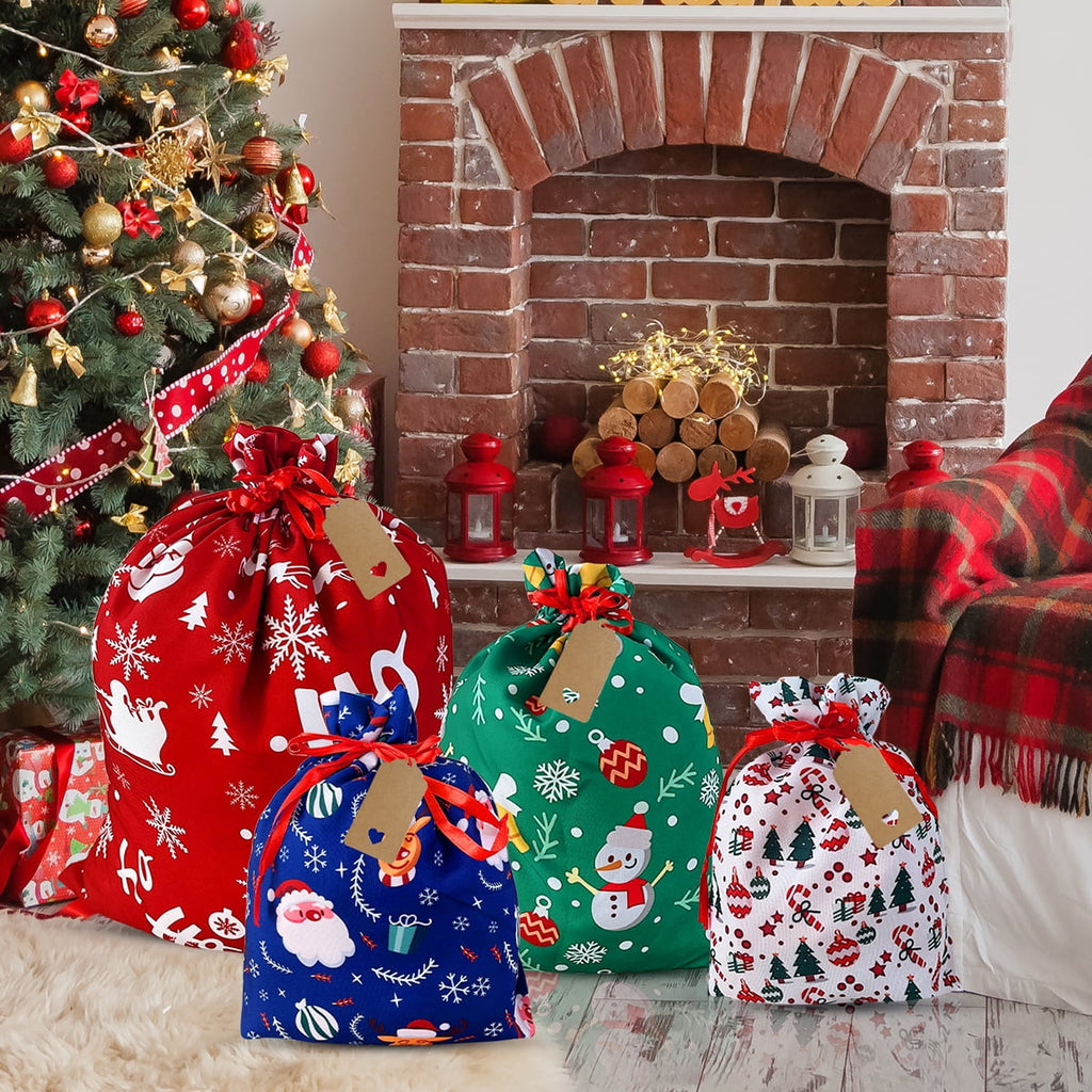 Christmas Gift Bags Christmas Sacks Large Reusable Fabric Drawstring Gift Pouches for Xmas Party Favor 10Pcs