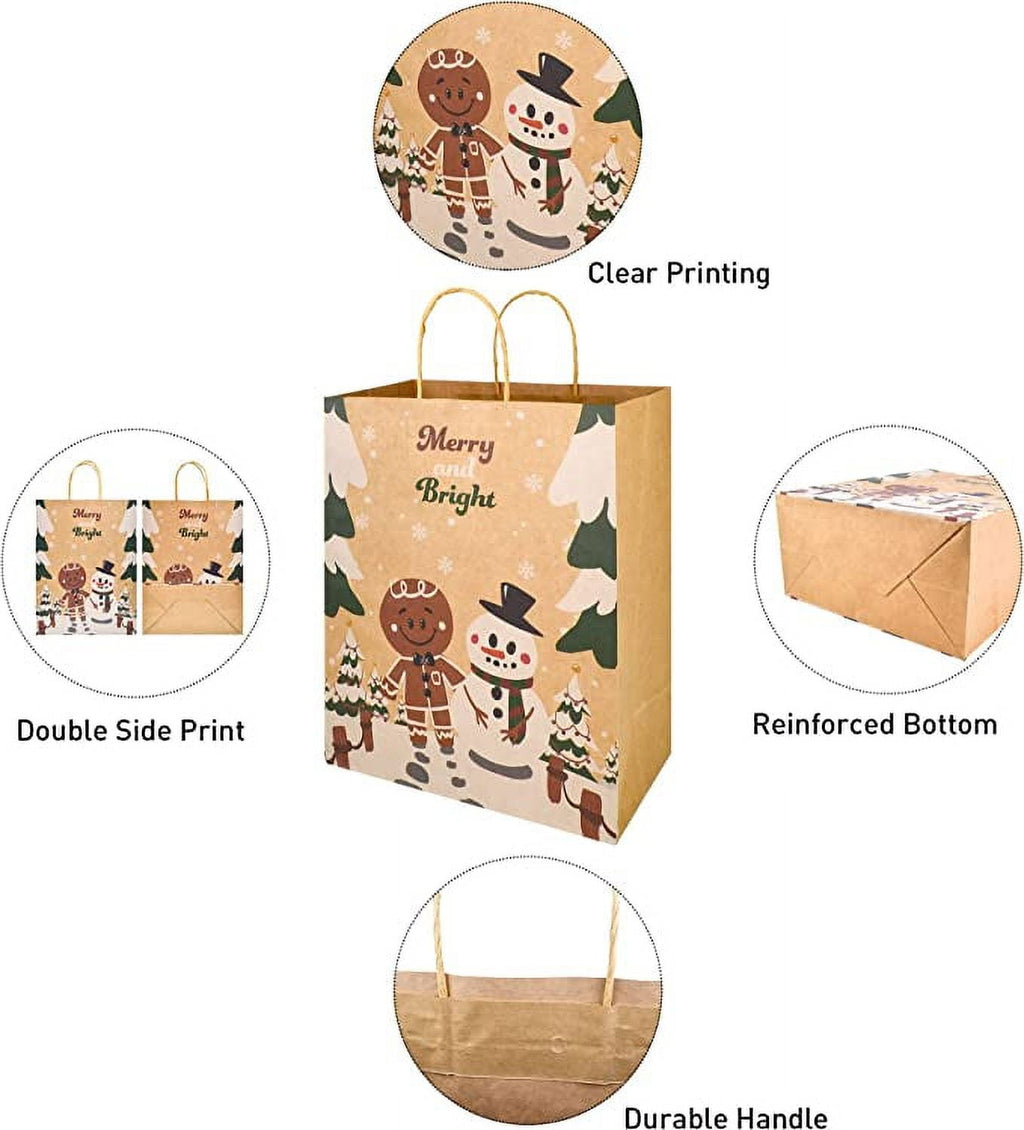 JOYIN 24 Pcs Christmas Kraft Paper Gift Bags, 10X 13 X5'' Large Gift Bags with 8 Designs for Christmas Holiday Present Wrapping Décor, Xmas Goodie Bags Party Supplies