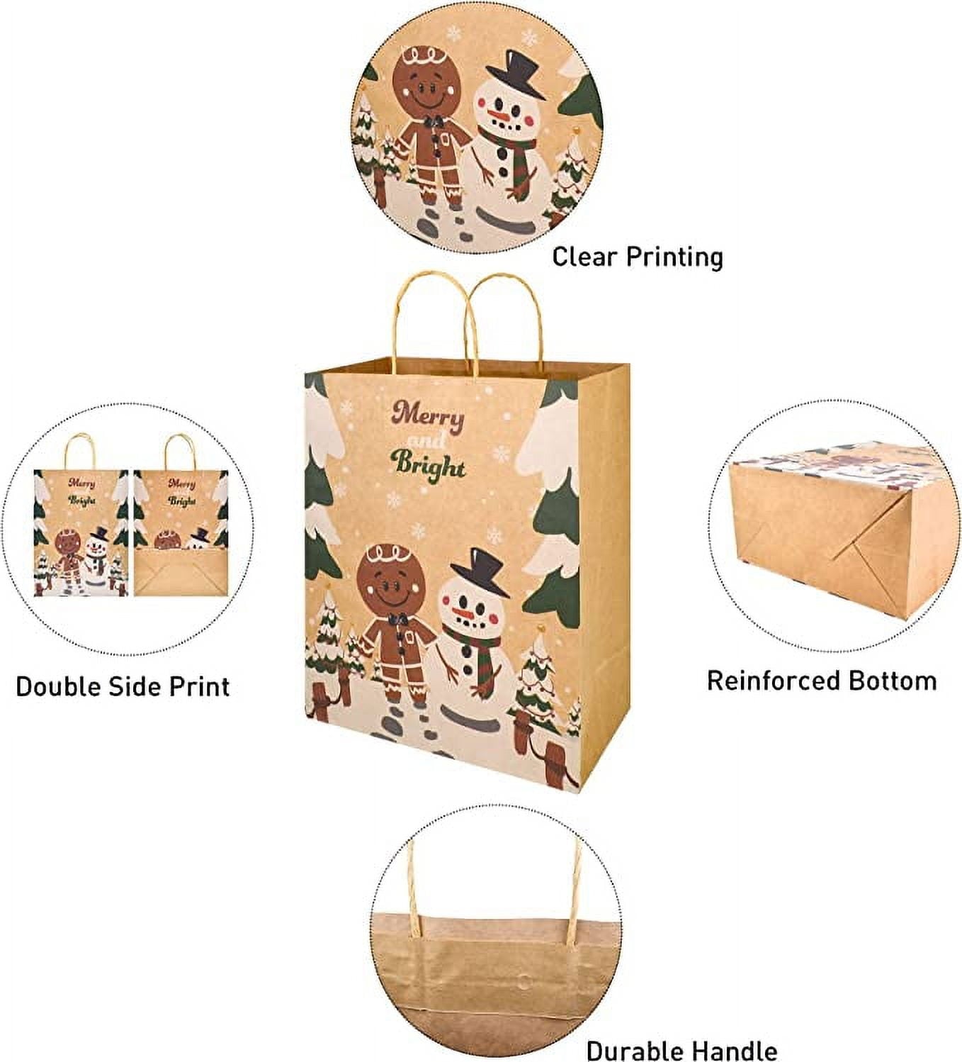 JOYIN 24 Pcs Christmas Kraft Paper Gift Bags, 10X 13 X5'' Large Gift Bags with 8 Designs for Christmas Holiday Present Wrapping Décor, Xmas Goodie Bags Party Supplies