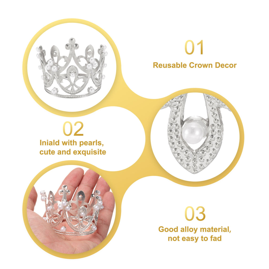 Uxcell 24Pcs Mini Crown Cake Toppers, Alloy Queen Princess Little Silver Crown Heart Shaped, Mini Pearls