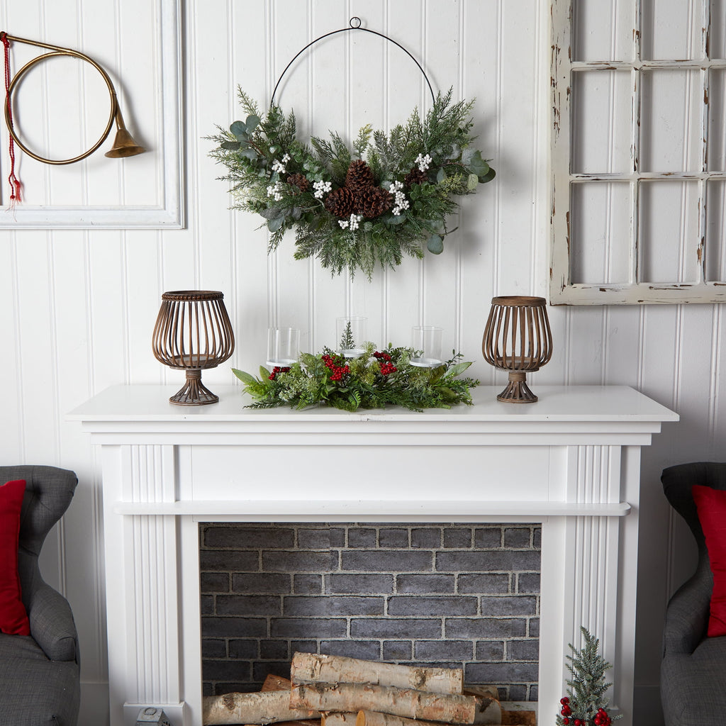 Nearly Natural 20" Holiday Winter Greenery and Berries Triple Candle Holder Artificial Christmas Table Arrangement