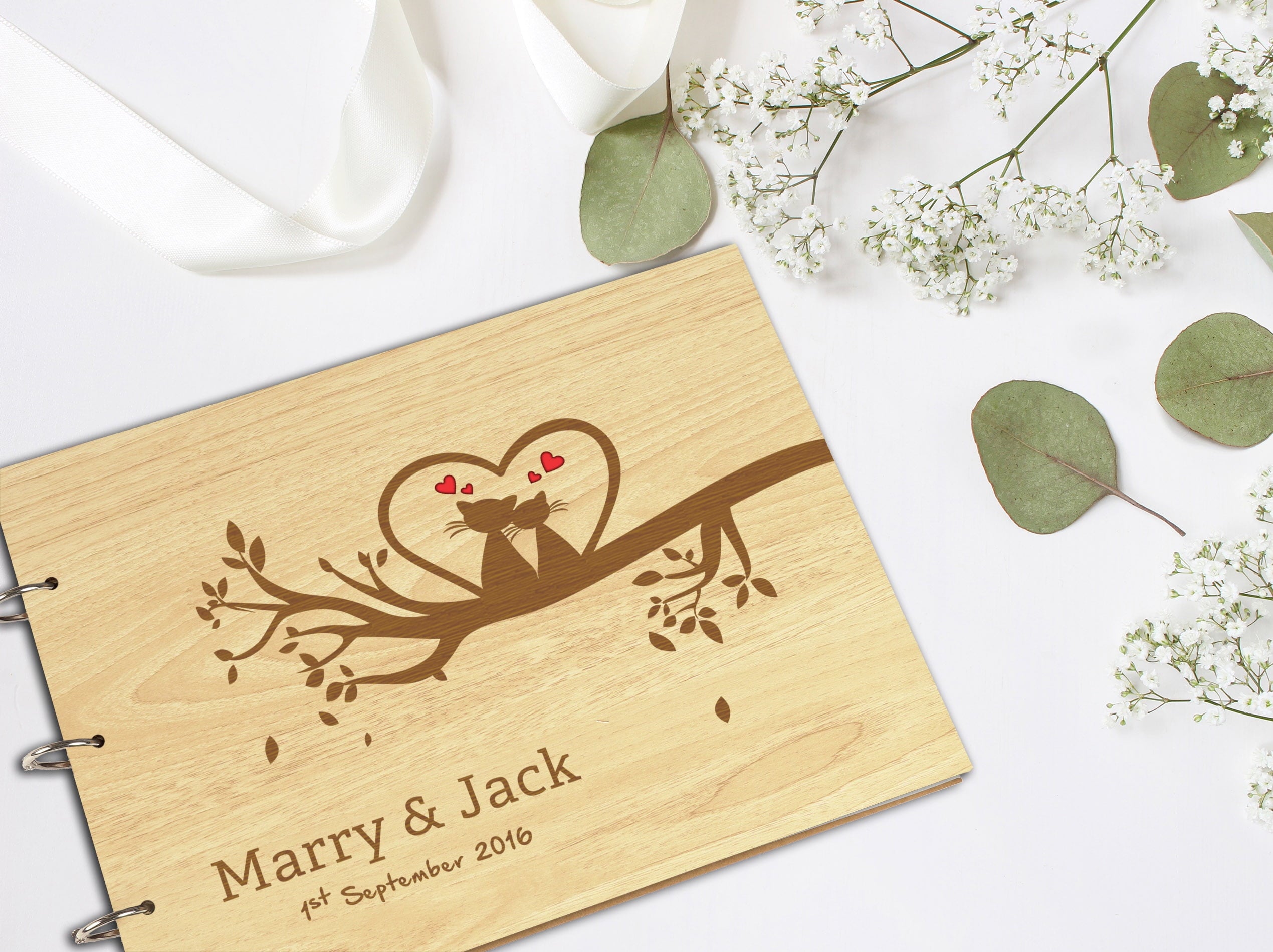Darling Souvenir Personalized Engraved Laser Cut Wedding Guest Book Wooden Cover Sign-in Book Registry Guestbook Scrapbook-TR