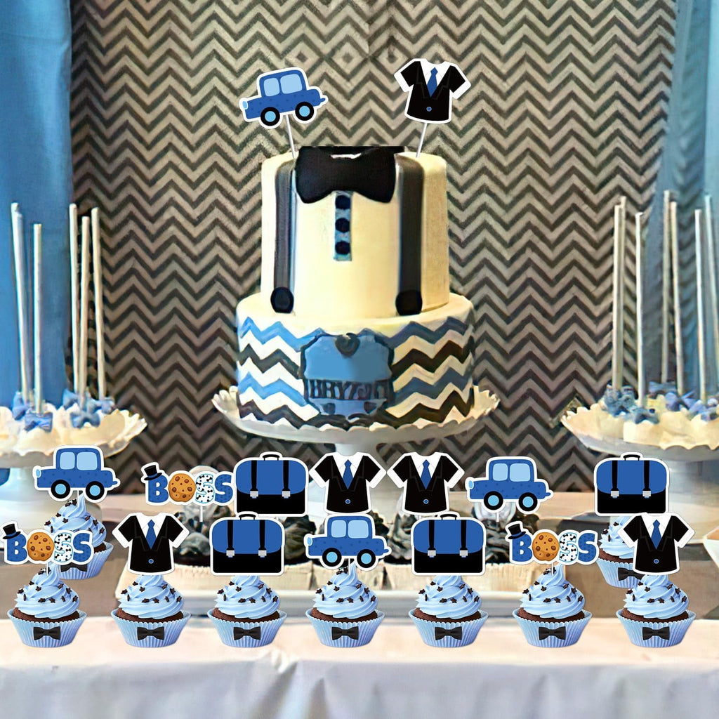 36Pcs Baby Boss Cupcake Toppers Blue & Black Little Boss Sign Cupcake Toppers Car Briefcase Boss Themed Cake Decorations for Boys Birthday Party Baby Shower Gender Reval Party Decor Supplies