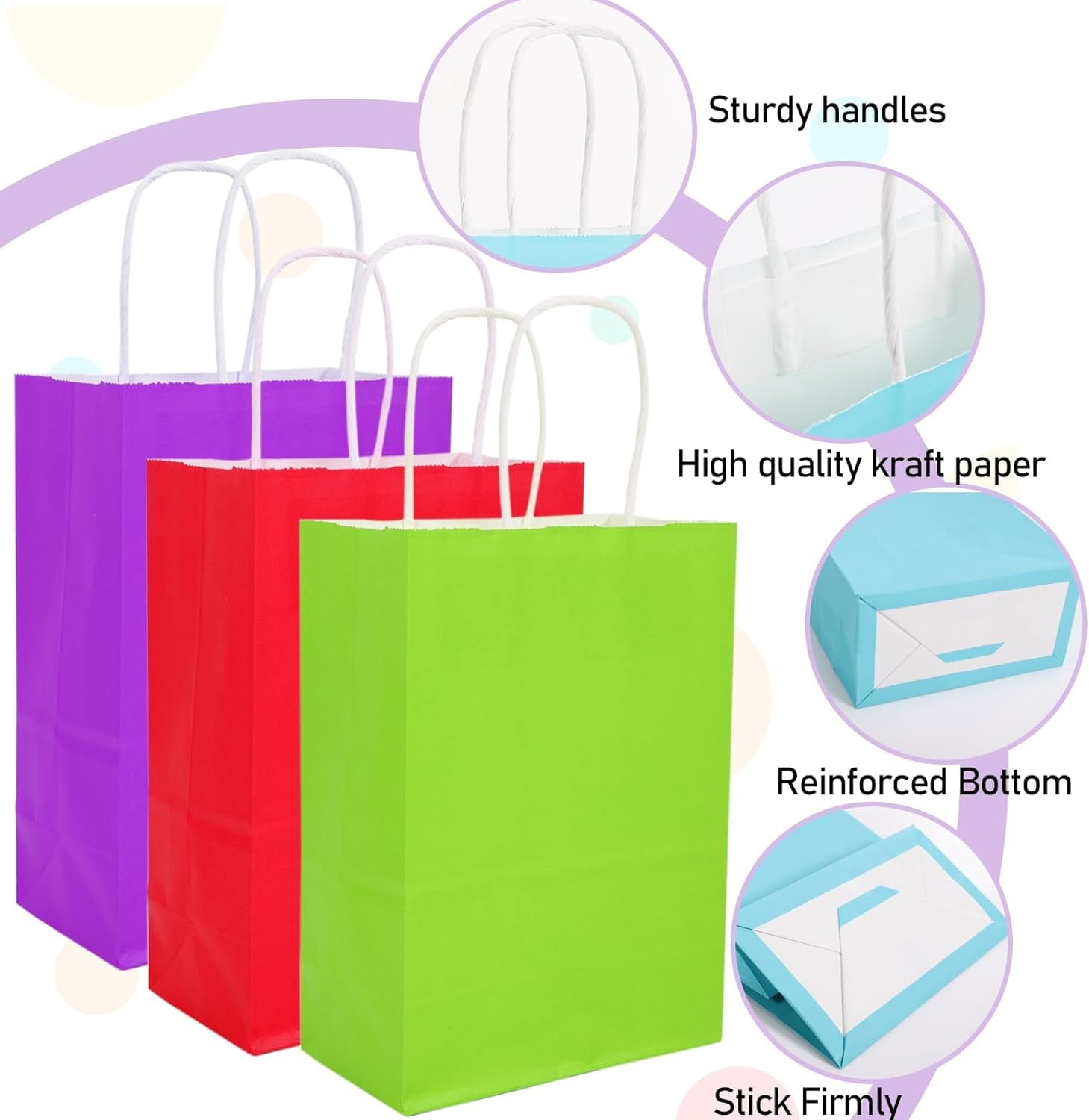 Dyrfolm 100 Pack Paper Gift Bags, Kraft Paper Party Favor Bags with Handles, Assorted Colors Gift bags with Handles, Small Goodie Bags for Kids Birthday Wedding Parties (6 Colors, 5.9"3.15"8.2")