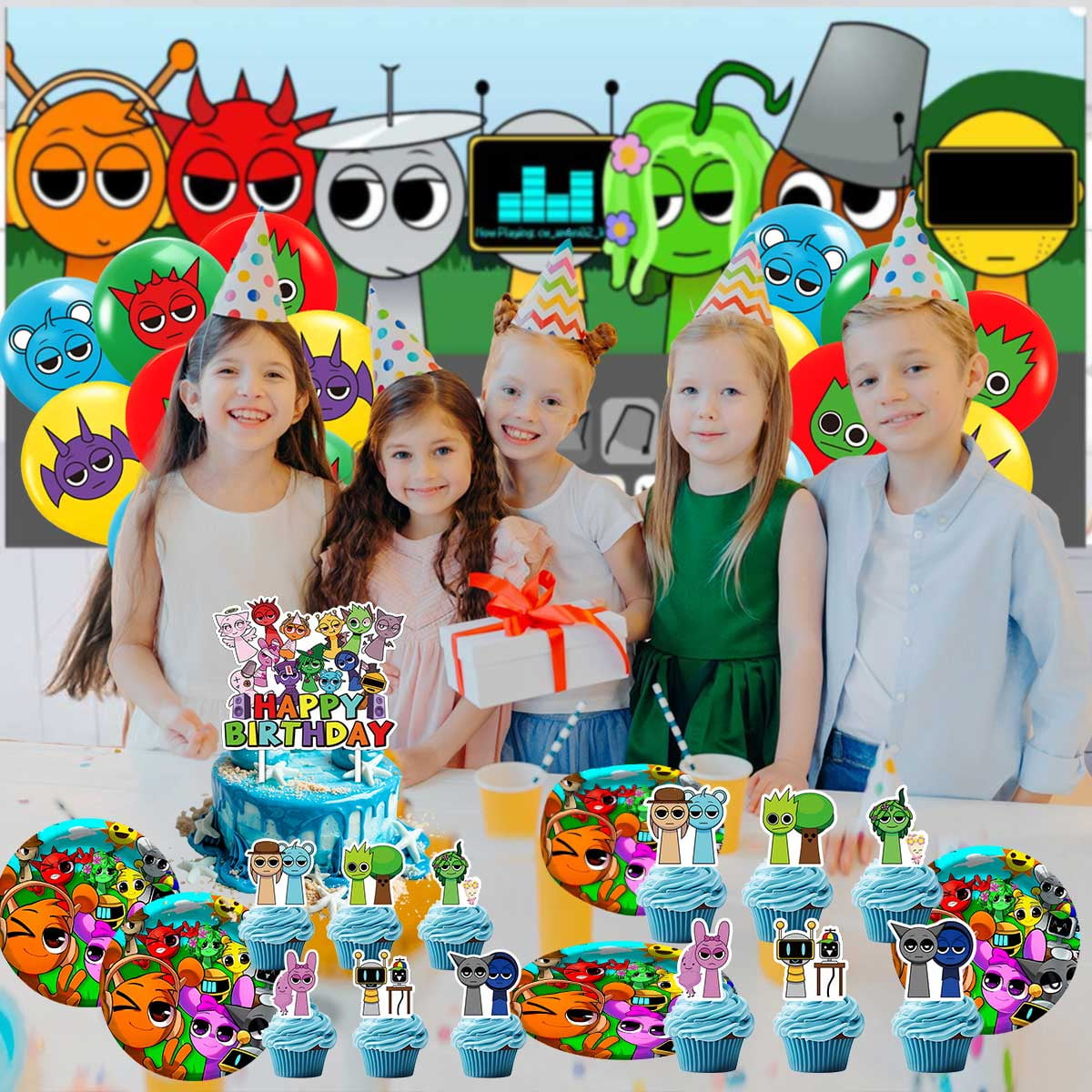 Incredibox Sprunki Birthday Party Supplies Balloons Paper Plates Decoration Cake Topper Decor Tableware Banner Backdrop