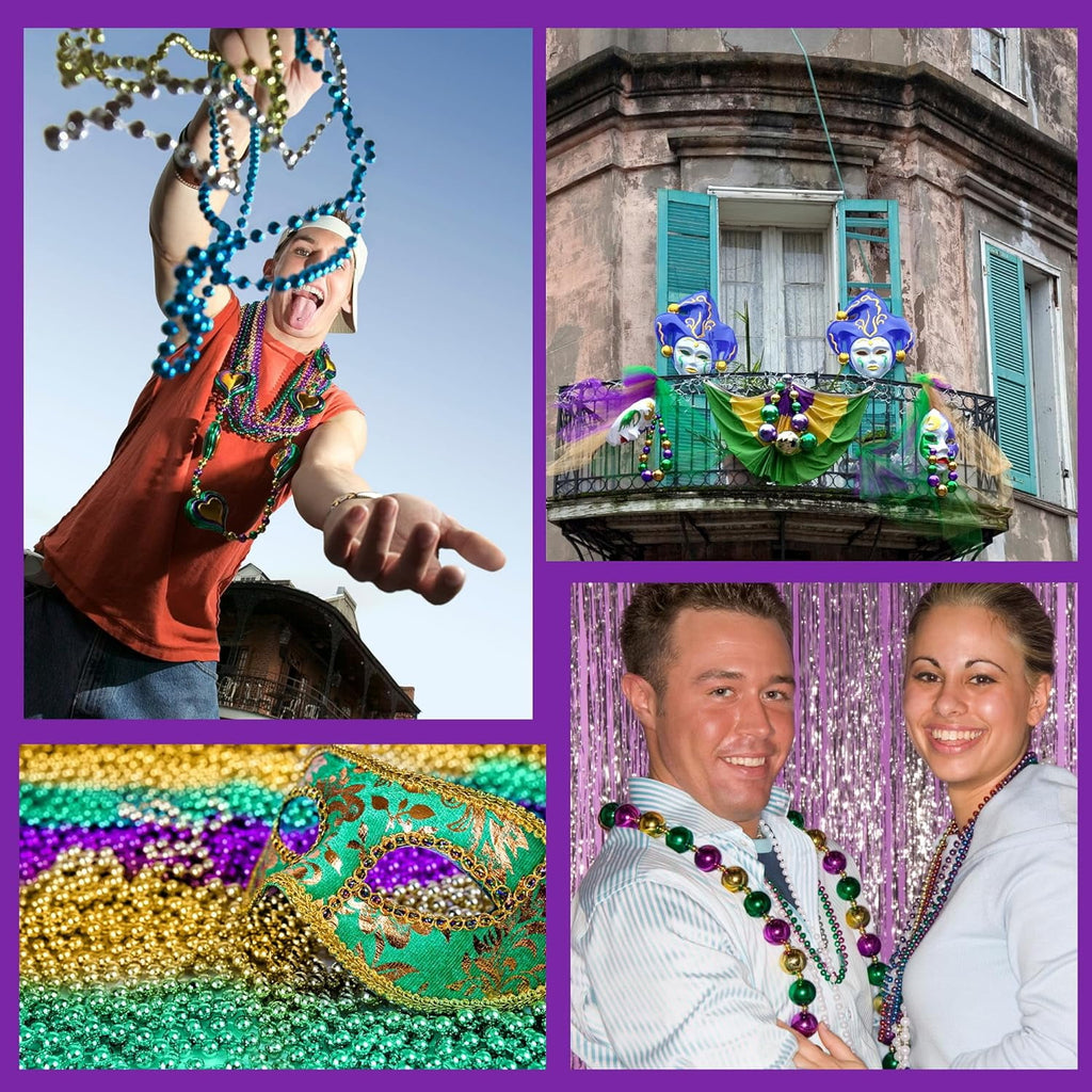 4E's Novelty Mardi Gras Bead Assortment (100 Pcs), Purple Green Gold, Metallic Necklaces