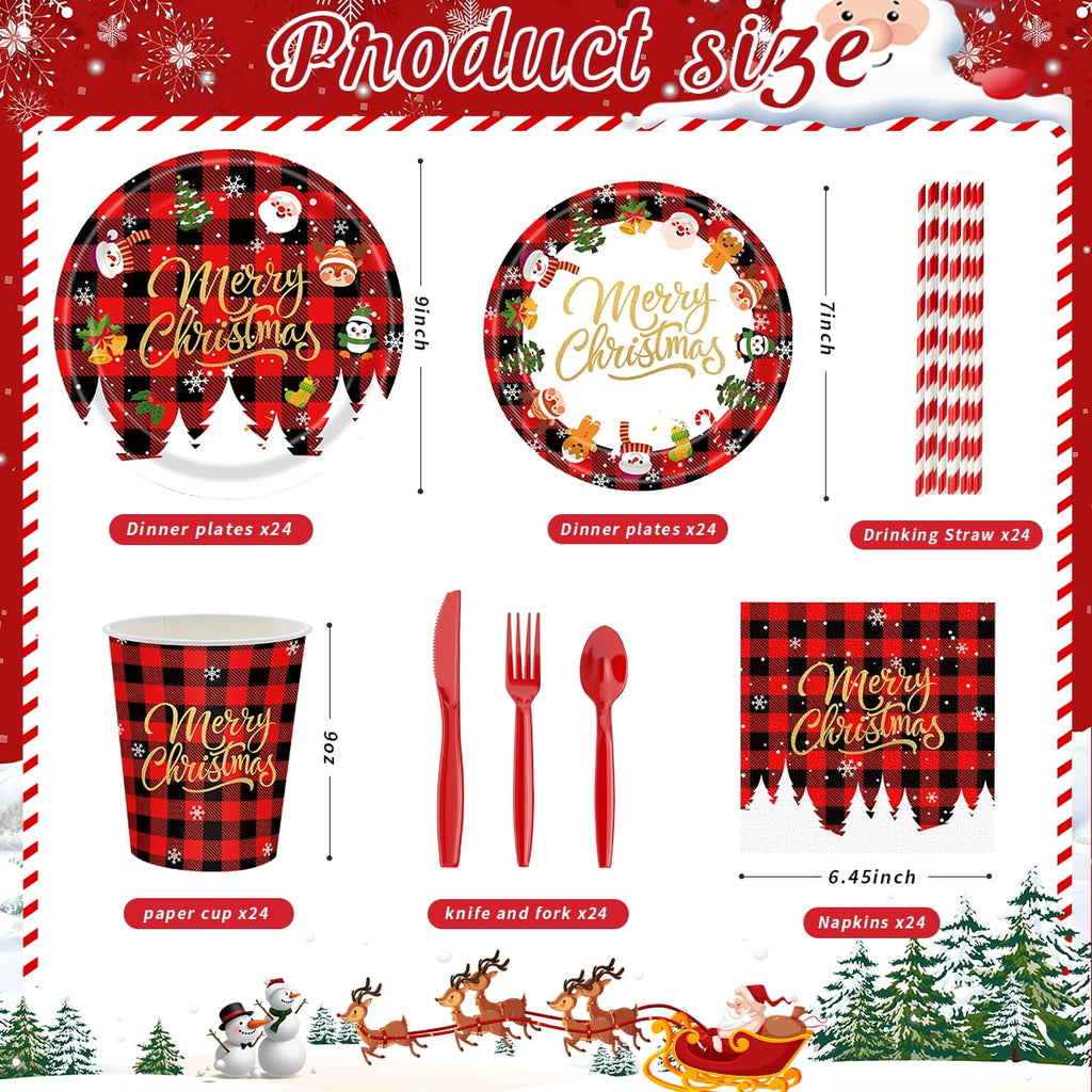 Christmas Paper Plates and Napkins Disposable Dinnerware Christmas Party Supplies Xmas Tableware Set for 24 guests