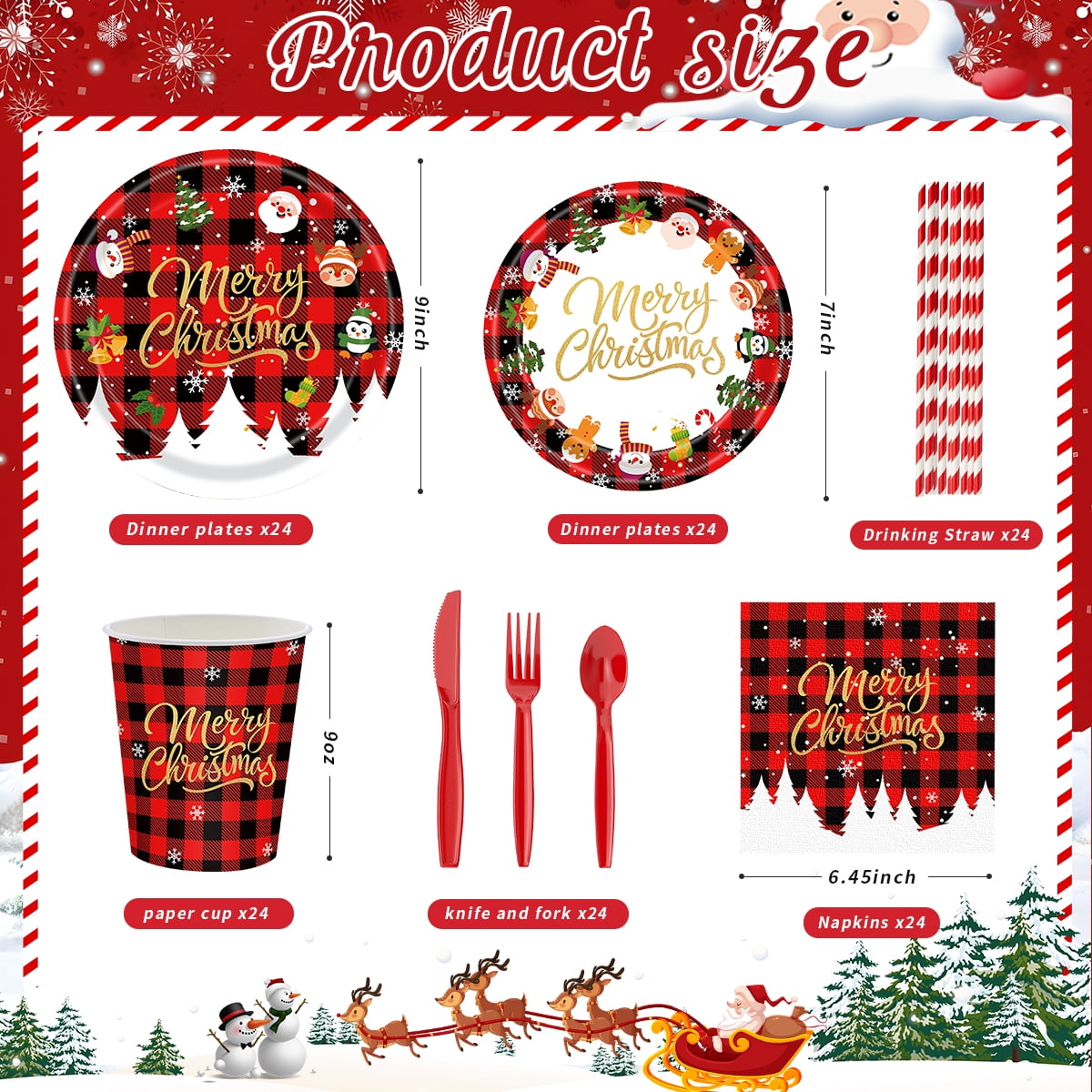 Christmas Paper Plates and Napkins Disposable Dinnerware Christmas Party Supplies Xmas Tableware Set for 24 guests