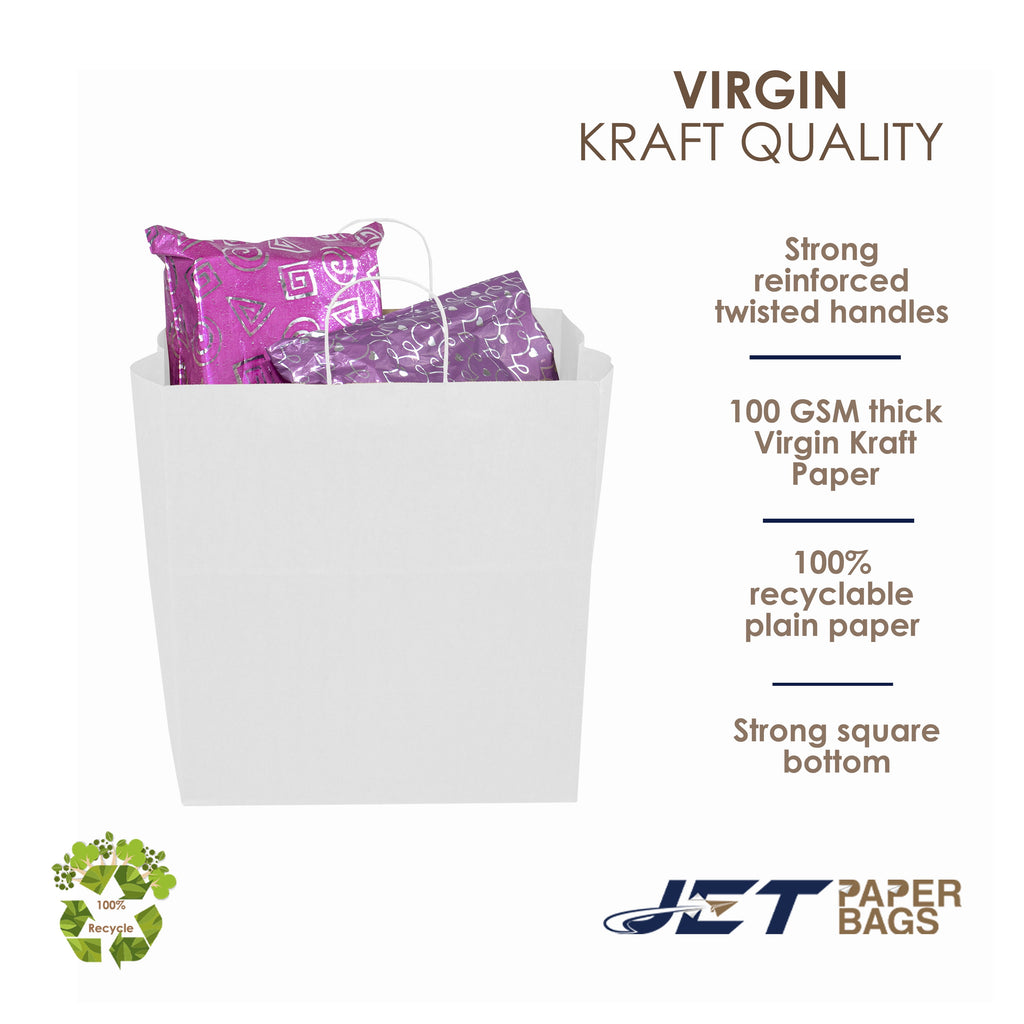 Jet Paper Bags [50 PCS] 15" x 10" x 15.75"H WHITE Virgin Kraft Paper Shopping Bag with Twisted Handles for Gift, Cargo Bags, Large Bags, Wedding, Party Favor, Thank You and More -Juna