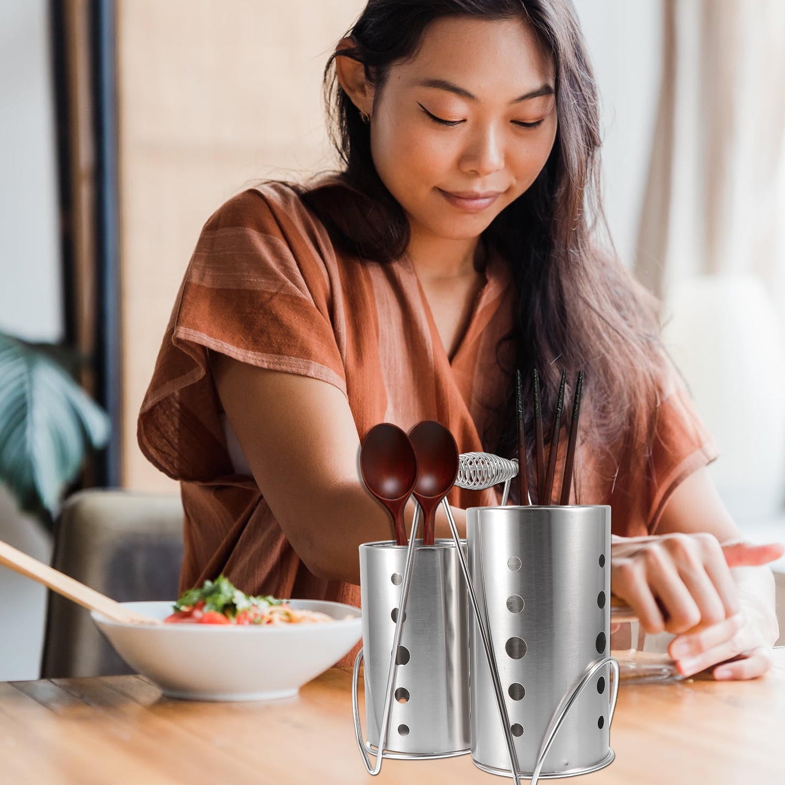 FUTUREORYY 4Set Kitchen Utensils Holders Stainless Steel Silverware Drainer Home Use