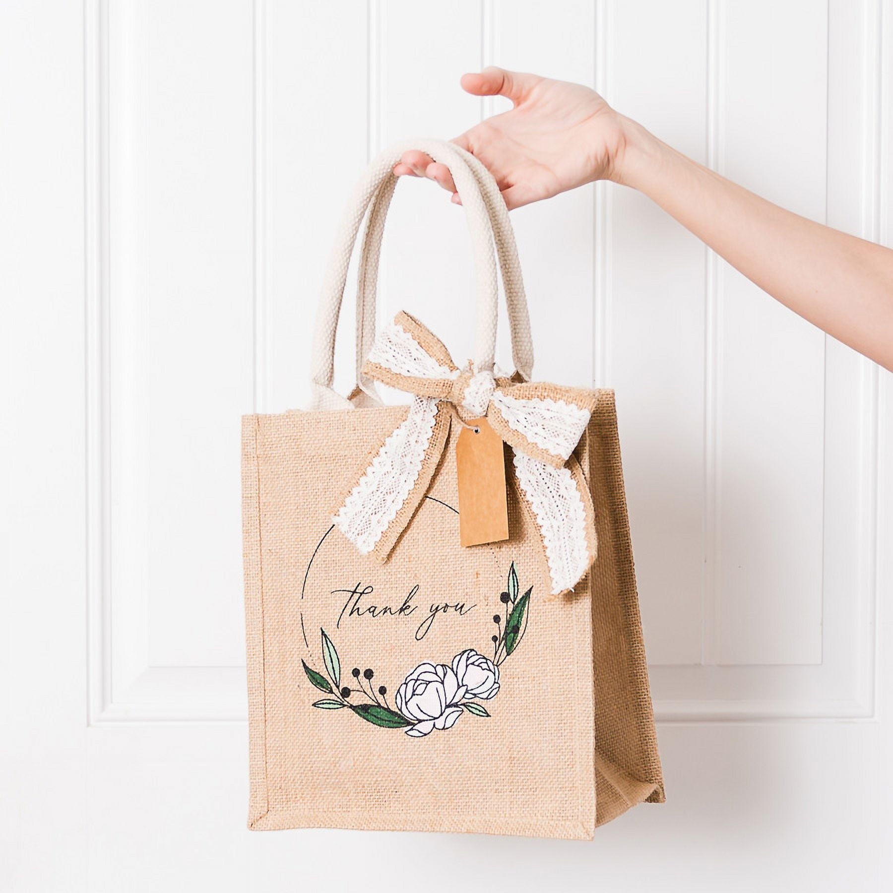 FOLIATE Jute Burlap Gift Bags - 10 Pack Burlap Tote Bag with Name Tag & Ribbon - Reusable Small Thank You Bags with Handles for Bridesmaid Totes, Shopping, DIY Wedding Tote Bags Bulk, 10.5"x9.5"x5"