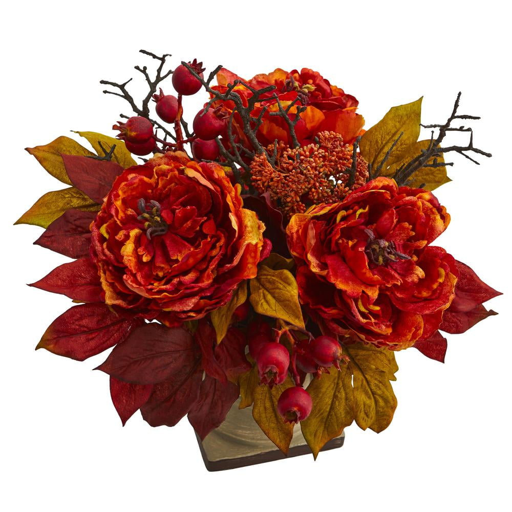 Nearly Natural 15” Artificial Silk Orange Peony Fall Bouquet