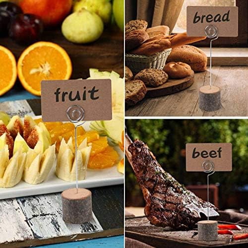 10Pcs Premium Wood Place Card Holders with Swirl Wire and 20 Pcs Kraft Place Cards, Rustic Wood Table Number Holders Stands, Name Cards Photo Holders for Wedding Party Sign Food Cards Label