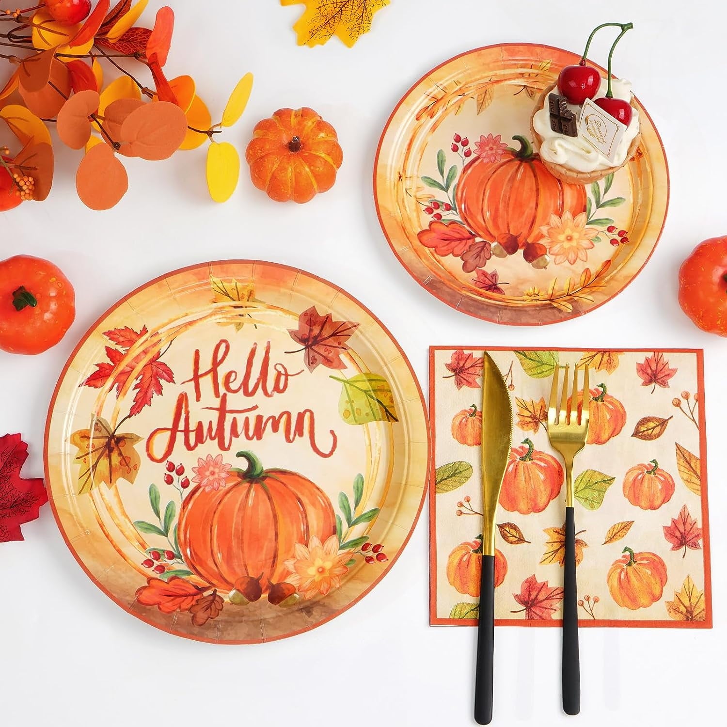 Caltero 200 PCS Fall Plates and Napkins Set Serves 50 Guests, Disposable Fall Pumpkin Party Tableware for Autumn Harvest Thanksgiving Party Supplies