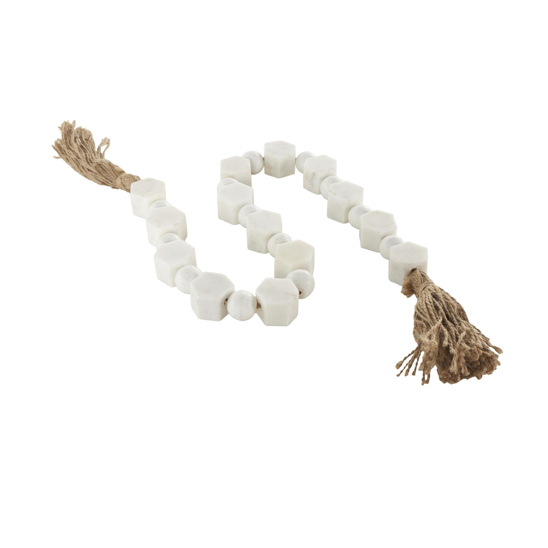 DecMode Handmade Hexagon White Marble Garland with Tassel with Knotted Brown Jute