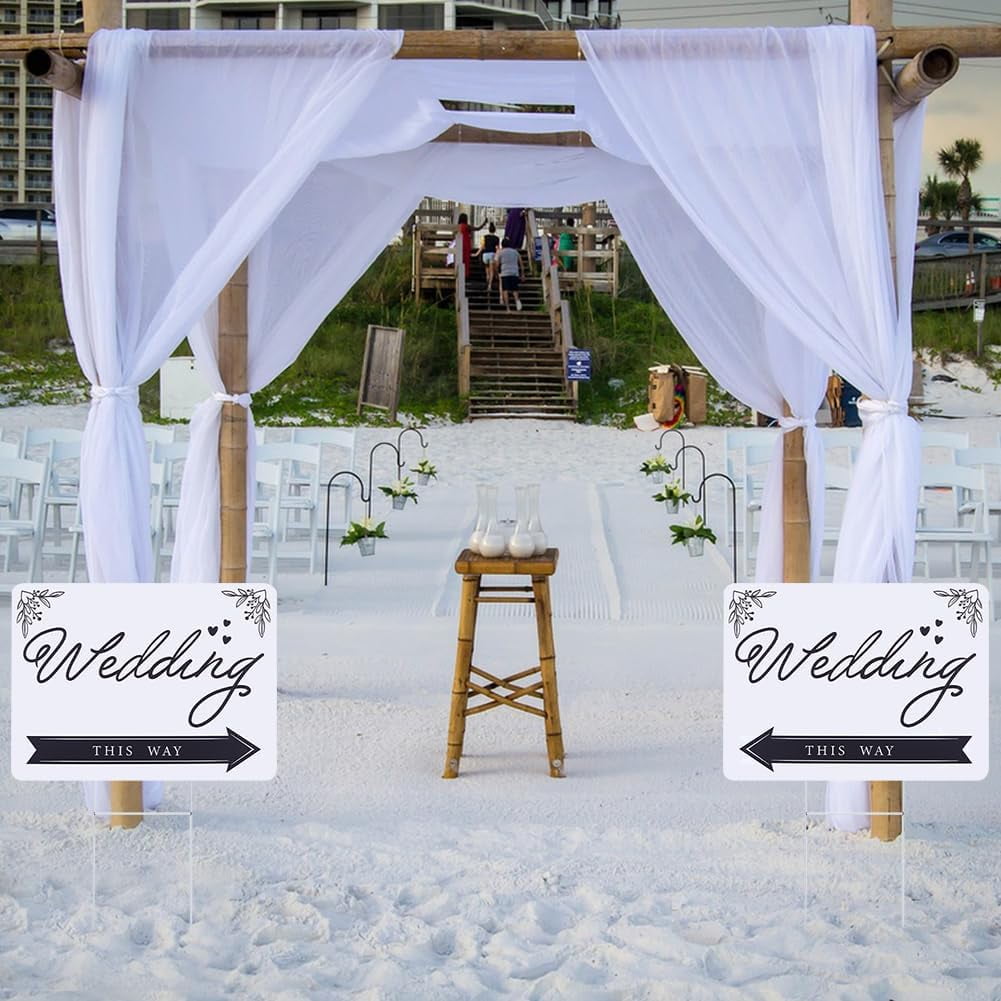 1set PP Plastic Wedding This Way Arrow Sign with Stake For Reception Outdoor Parking Rectangle White 400.5x300.5x4mm