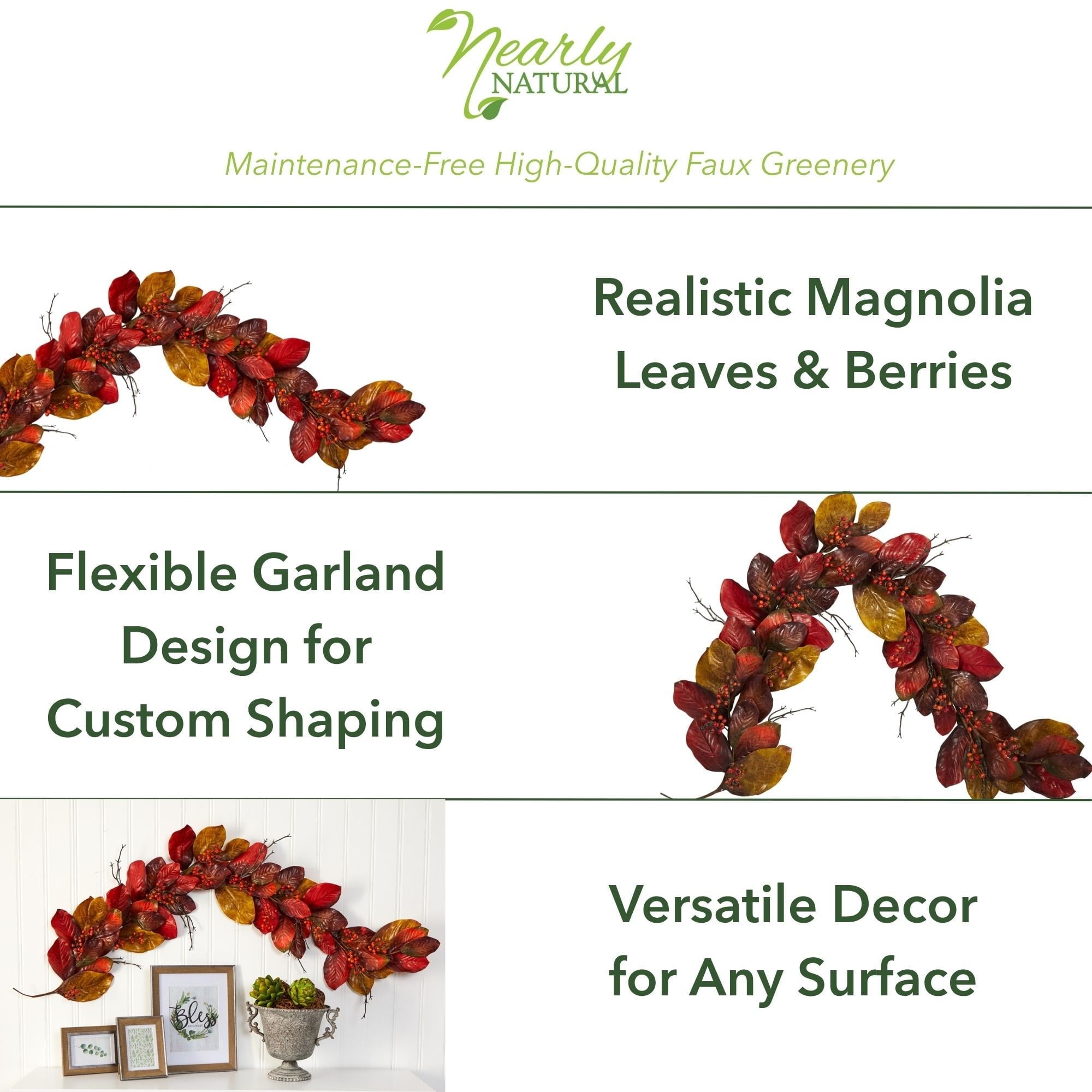 Nearly Natural 6' Harvest Magnolia Leaf with Berries Artificial Garland, Orange