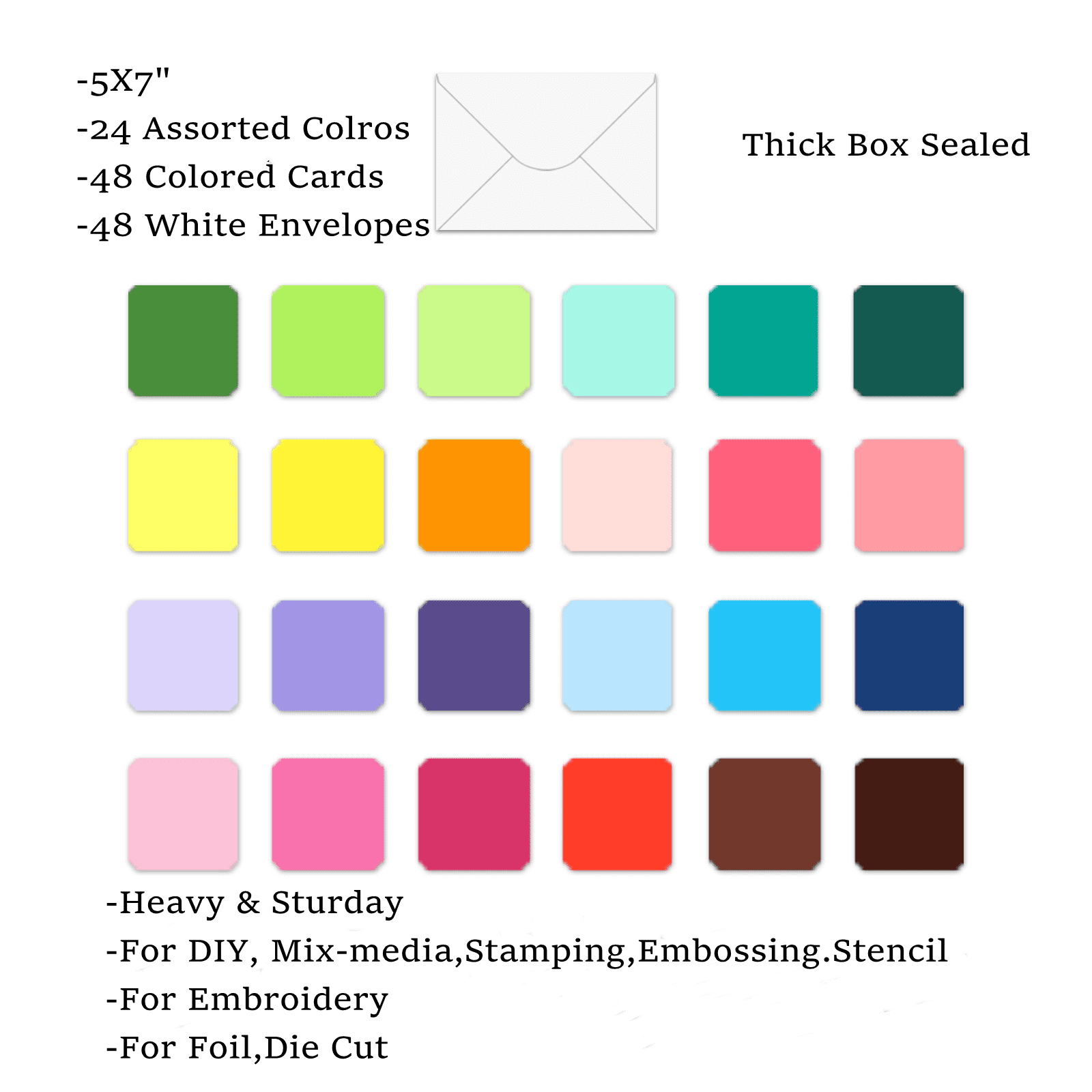 48 Pack Blank Colored Cards White Envelopes 5 x 7 Inch Folded Colorful Foldover Greeting Cards A7 24 Assorted Colors Heavy Weight for Greeting,Invitation,Birthday,Baby Shower, Graduation