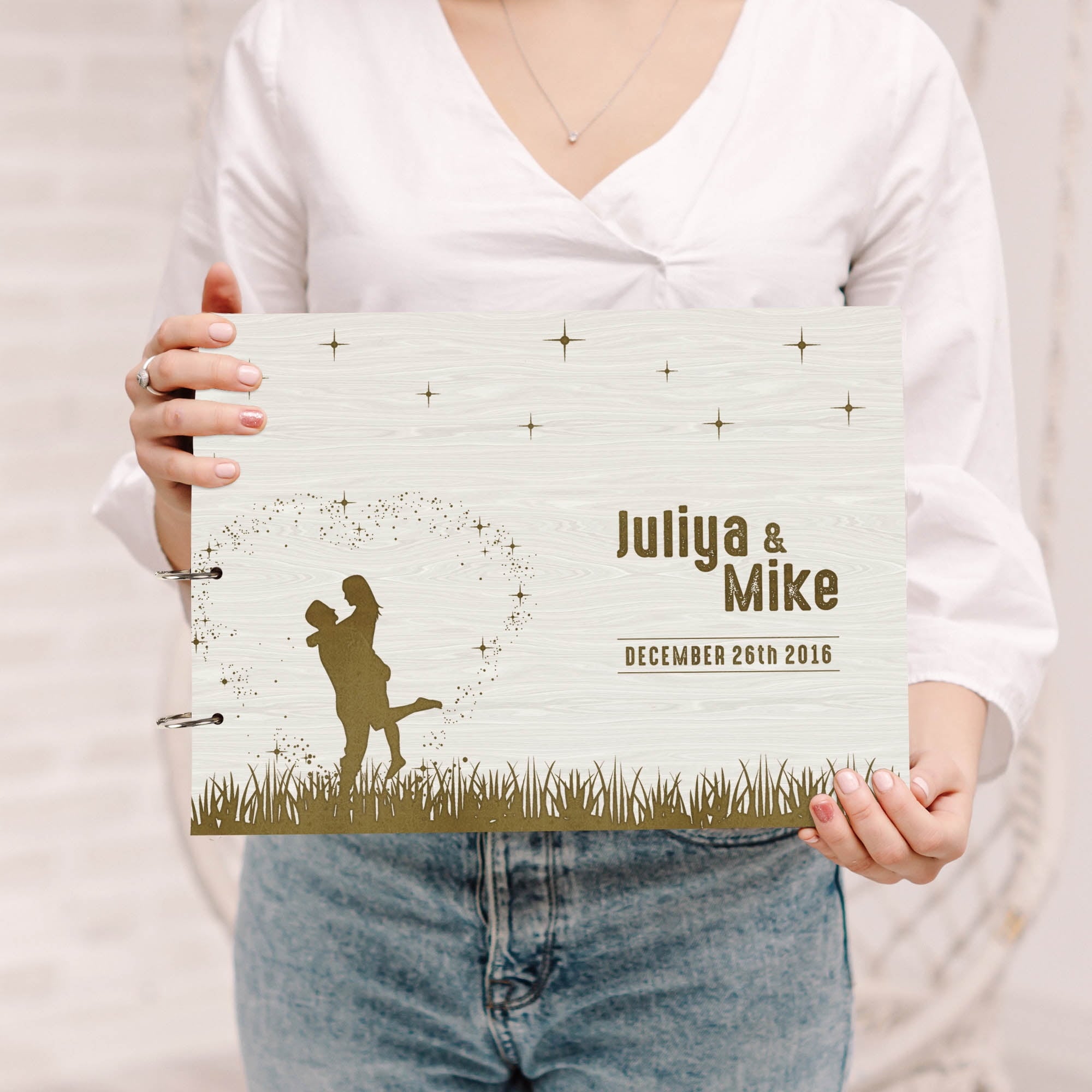 Darling Souvenir Personalized Engraved Laser Cut Wedding Guest Book Wooden Cover Sign-in Book Registry Guestbook Scrapbook-PF
