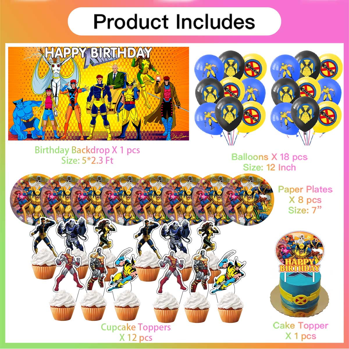 X-Men Wolverine Birthday Party Supplies Balloons Plates Decoration Cake Topper Decor Tableware Banner Backdrop